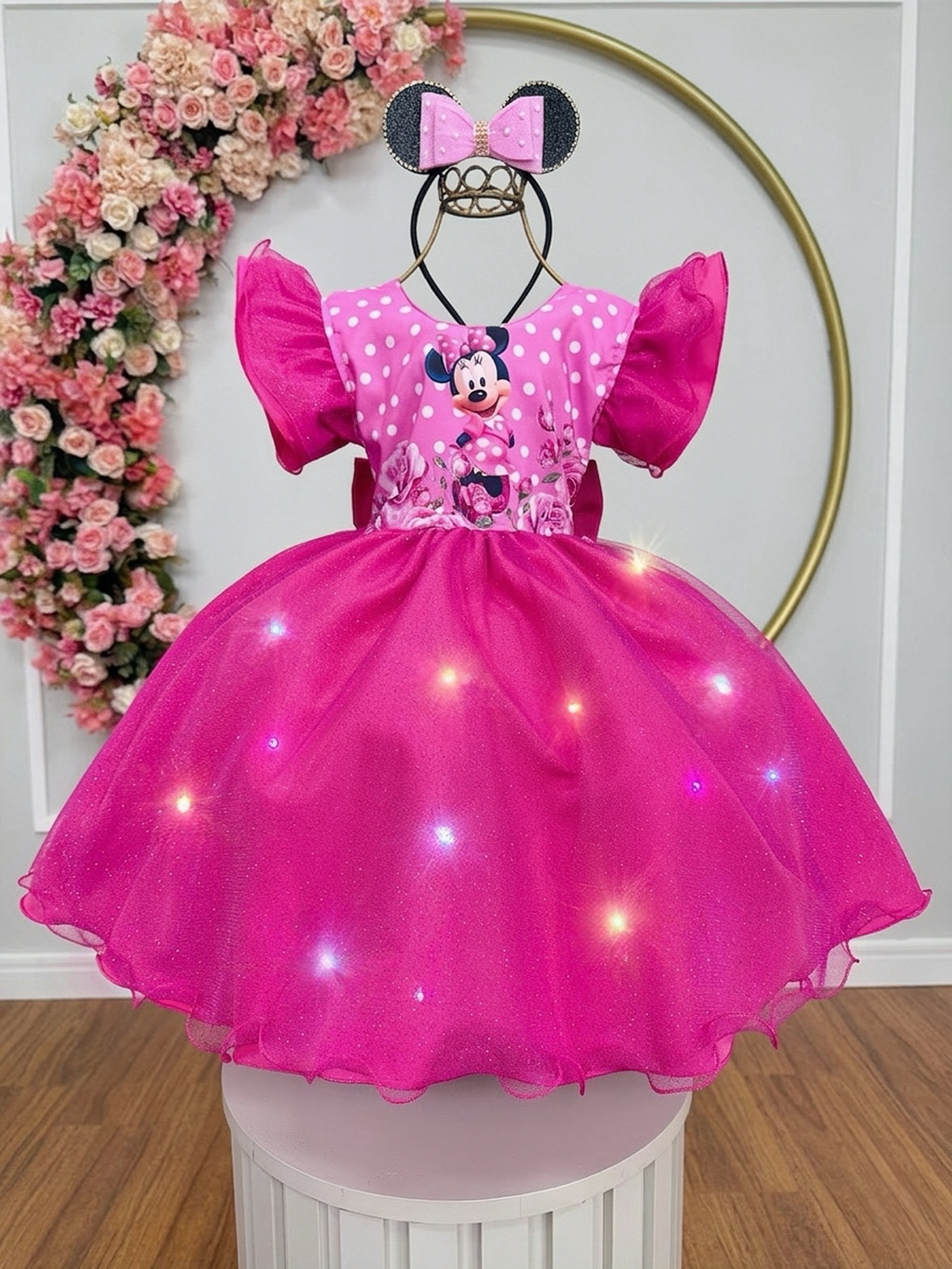 Vestido Infantil Pink da Minnie Saia C/ Glitter e Led Festas