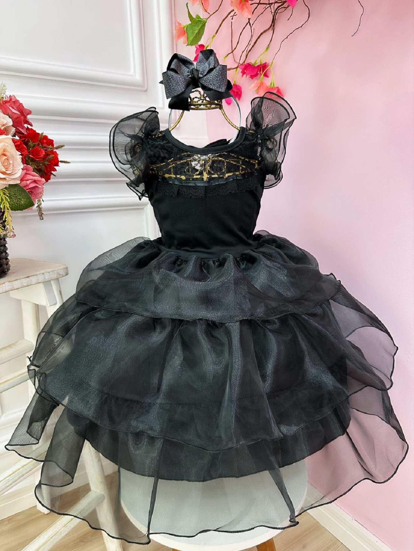 Fantasia Wandinha Infantil Preto Com Babados Luxo