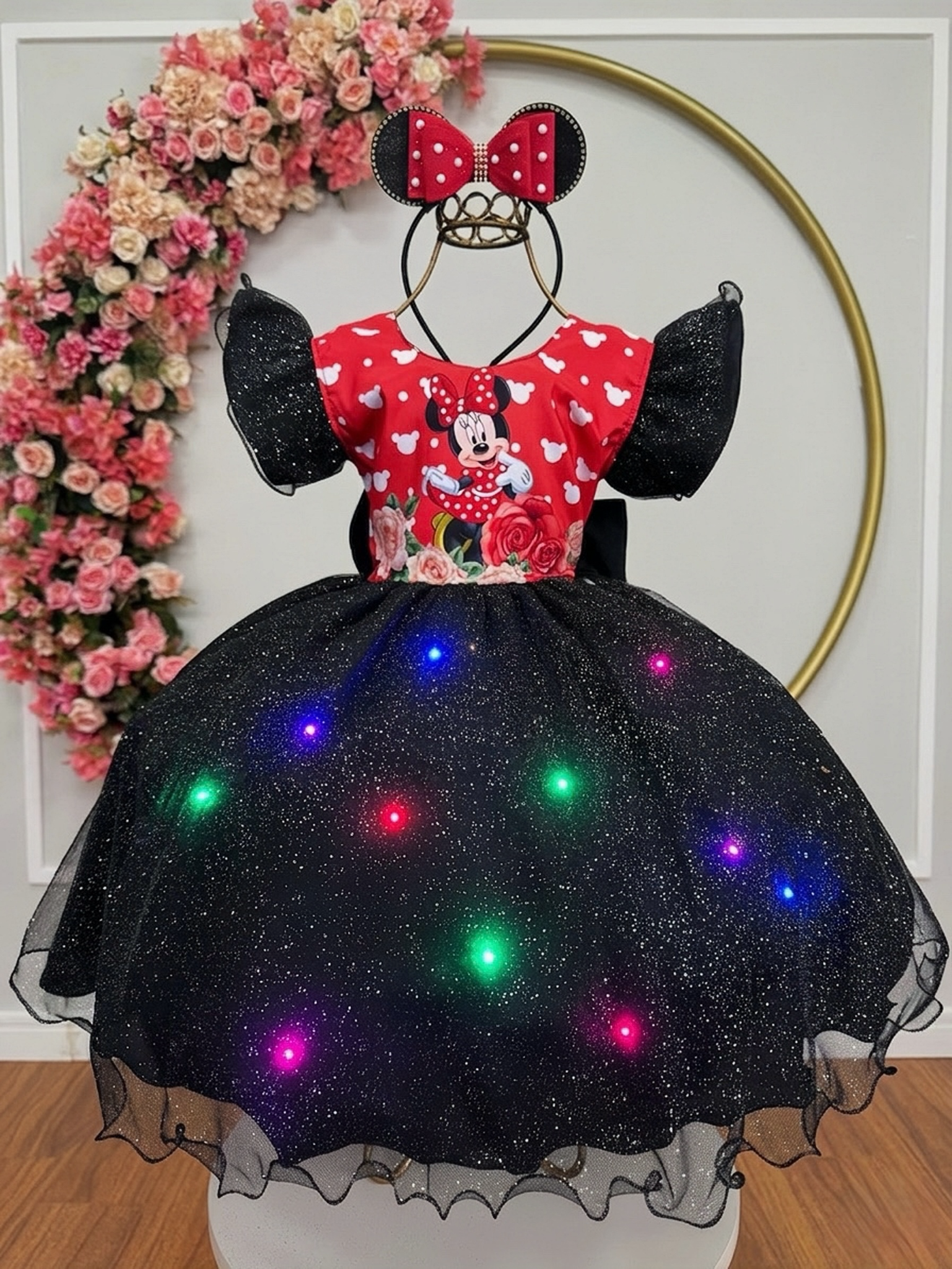 Vestido Infantil Preto da Minnie Saia C/ Glitter e Led Festas