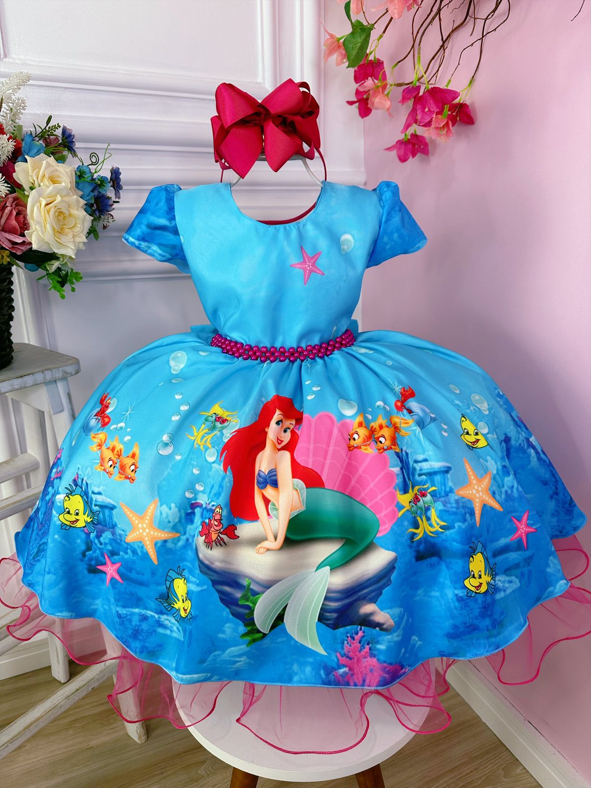 Vestido Infantil Princesa Ariel Sereia Fundo do Mar Azul