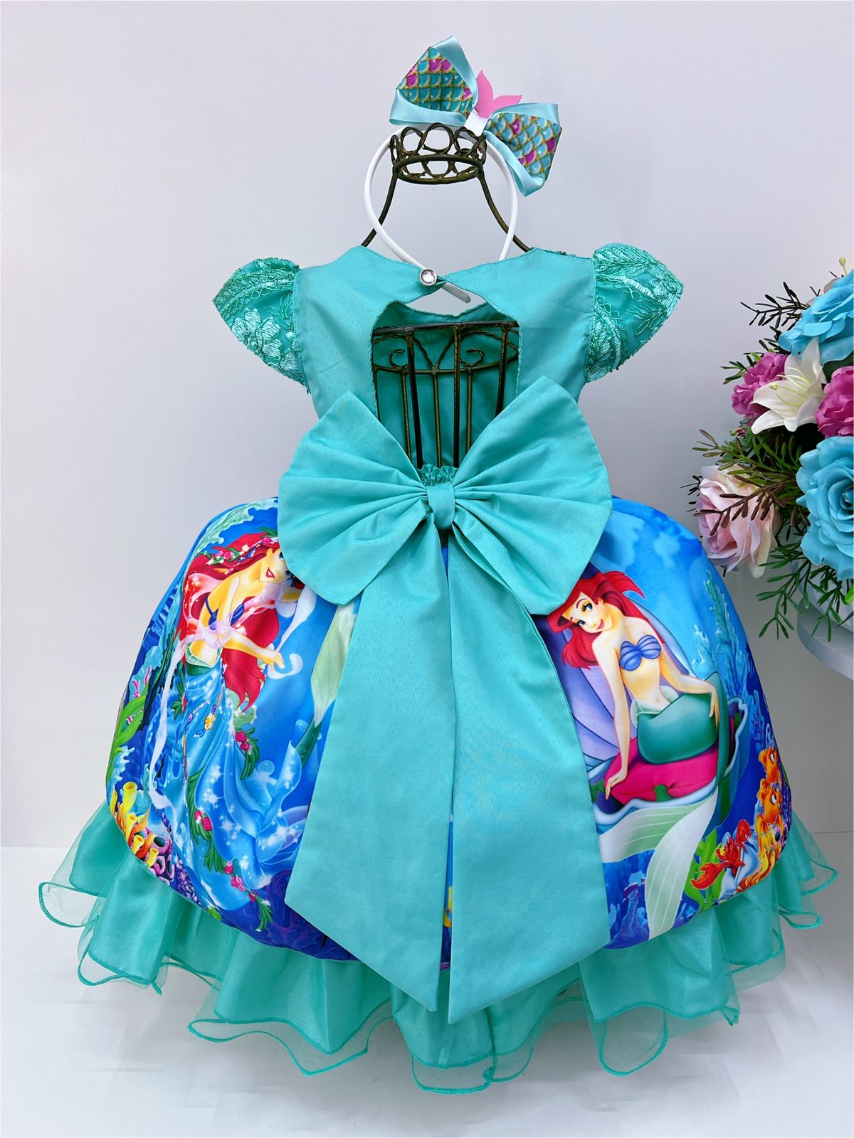 VESTIDO INFANTIL PRINCESA ARIEL PÉROLAS RENDA BRILHO – La Pietra