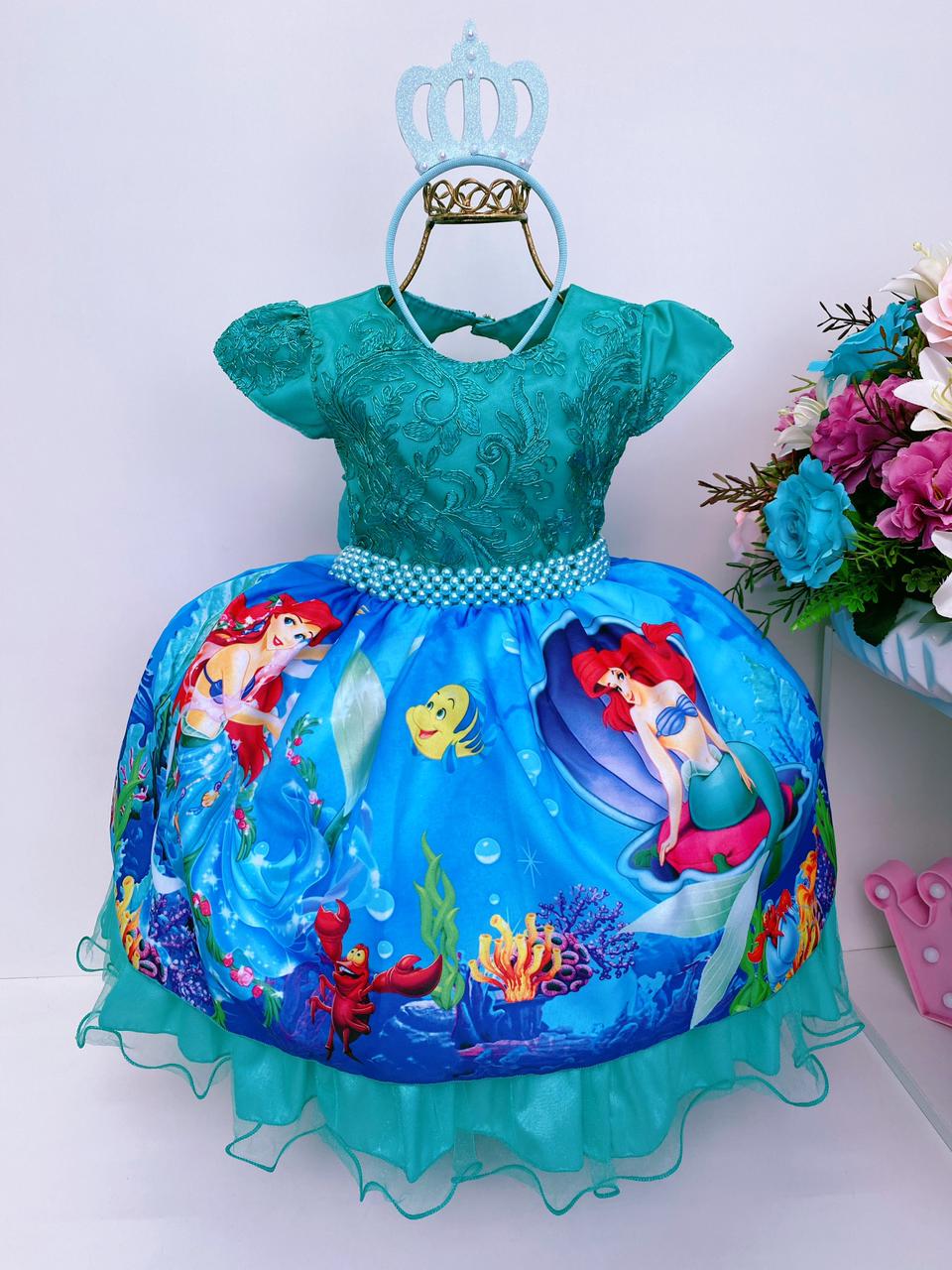 Vestido Infantil Princesa Ariel Lilás E Tule Verde Pérolas