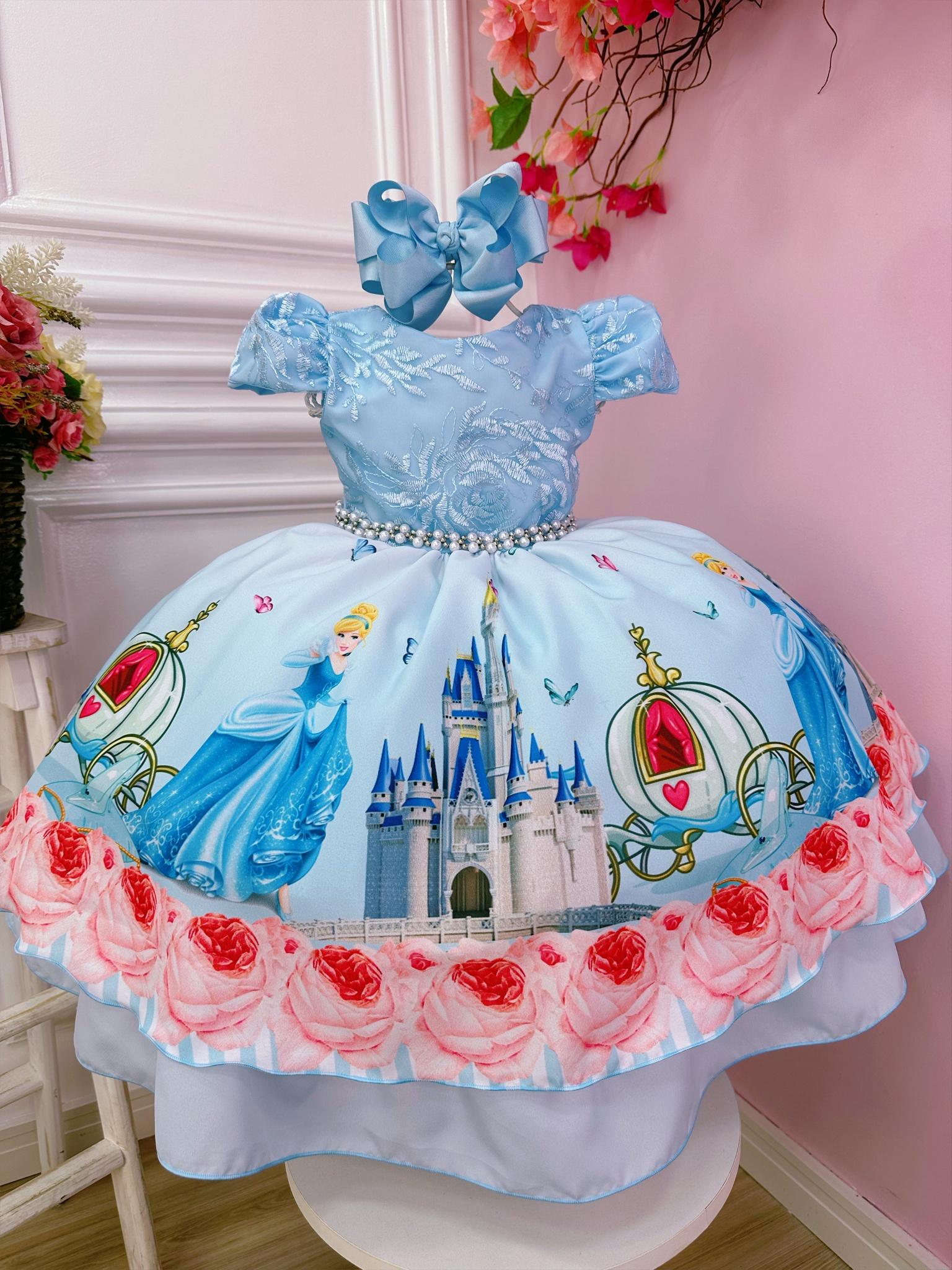 Vestido Infantil Princesa Cinderela Azul C/ Renda e Pérolas