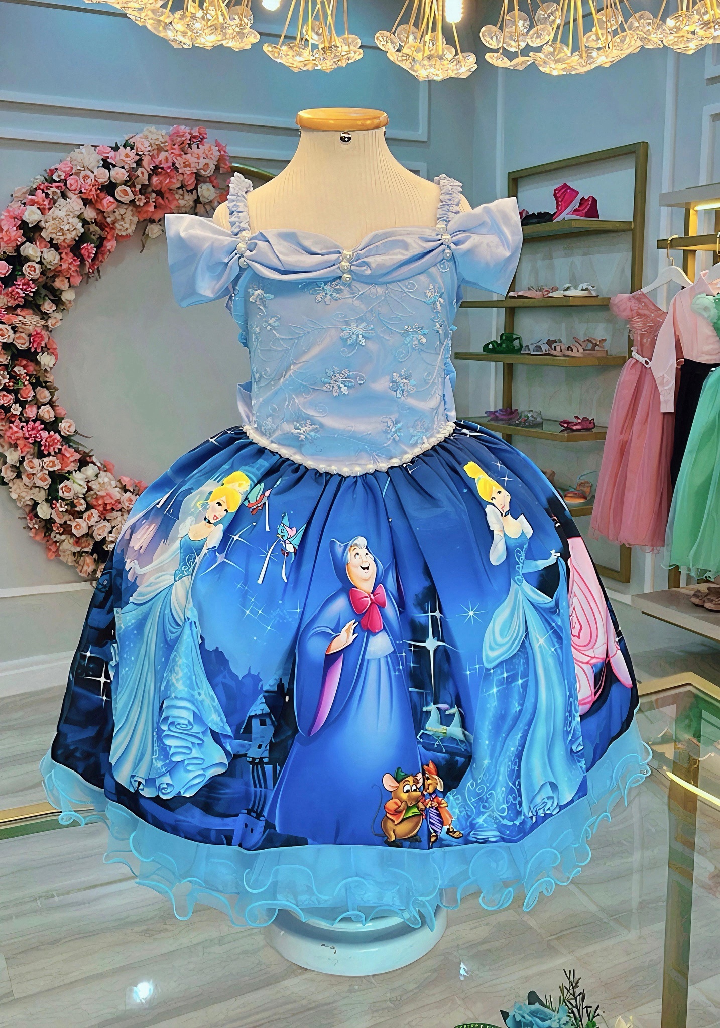 Vestido Infantil Princesa Cinderela Azul C/ Renda Luxo Festa