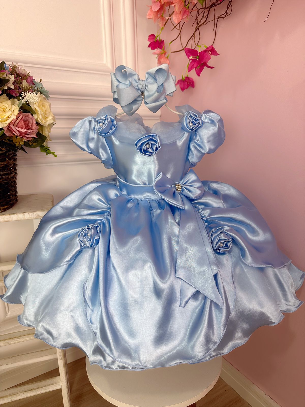 Vestido Infantil Princesa Azul C/ Aplique de Flores Luxo