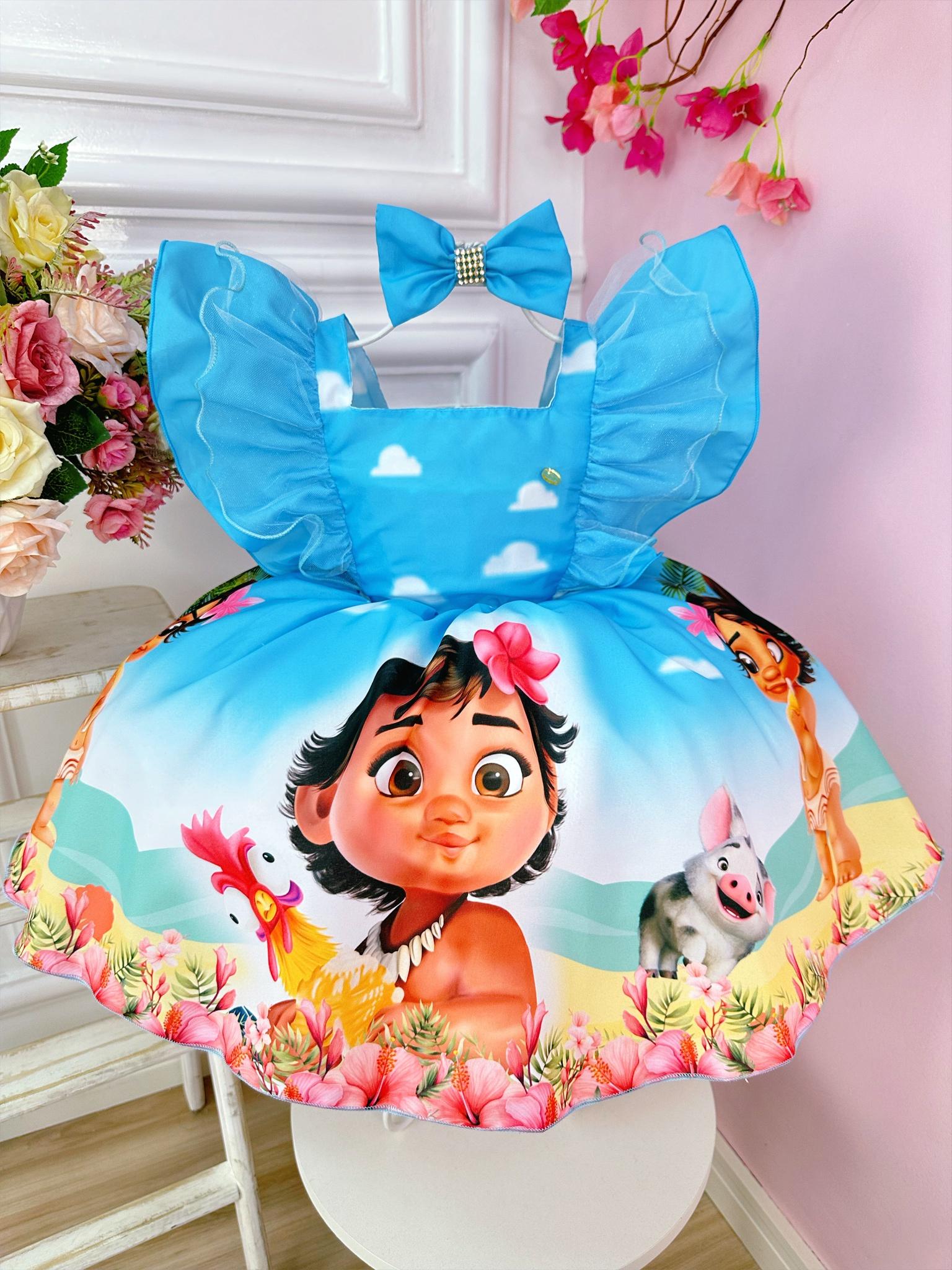 Vestido Infantil Princesa Moana Baby Azul C/ Laço Festa Luxo