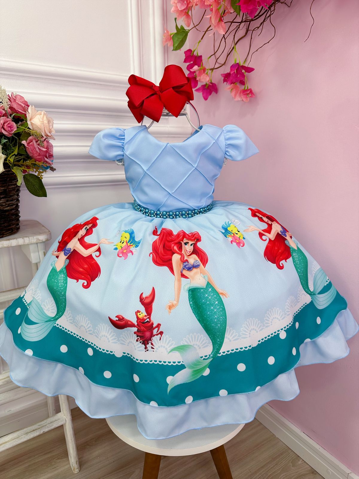 Vestido Infantil Princesa Sereia Ariel Azul Cinto Pérolas