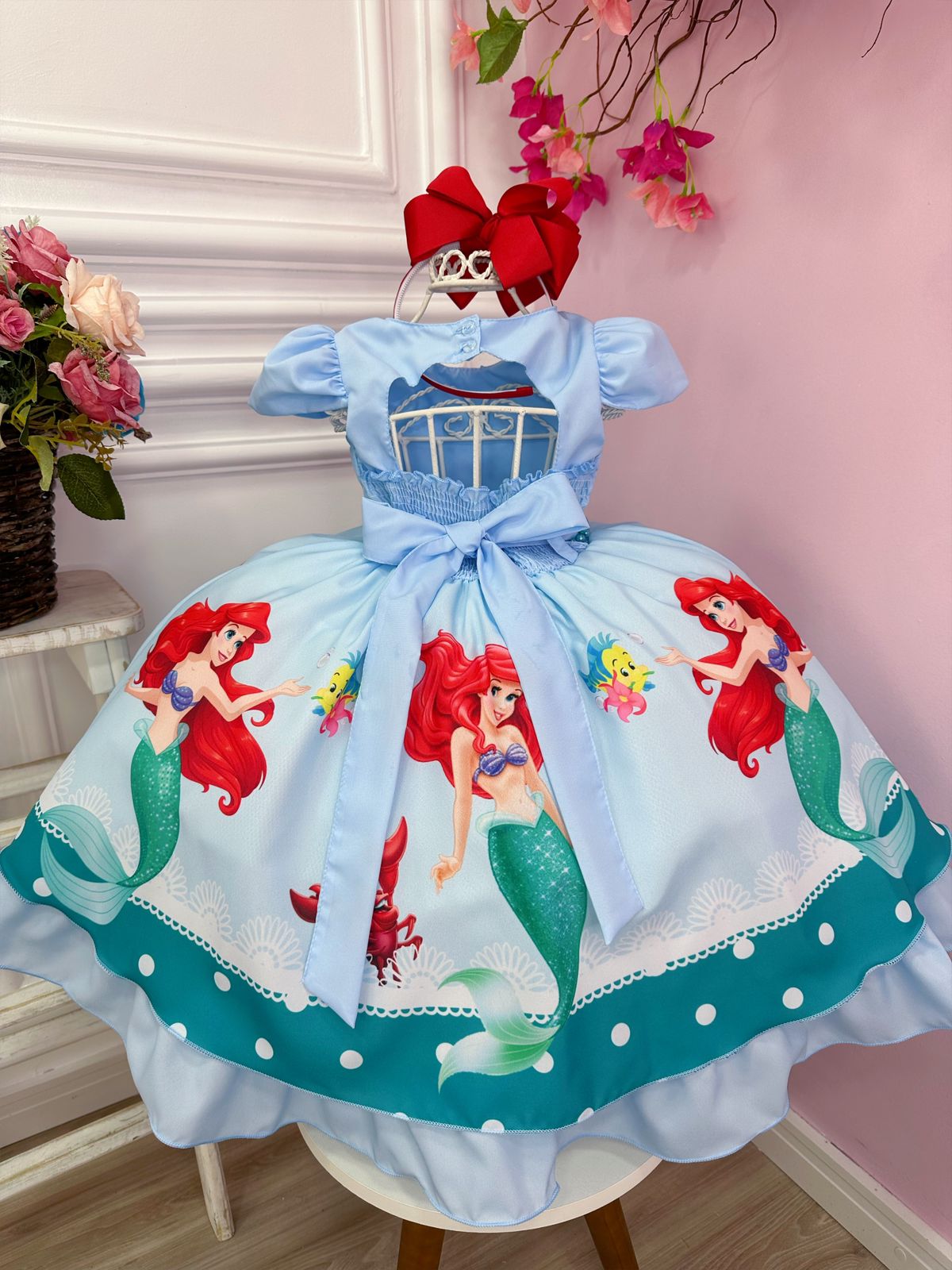 Vestido Infantil Princesa Sereia Ariel Azul Cinto Pérolas - Rosa ...