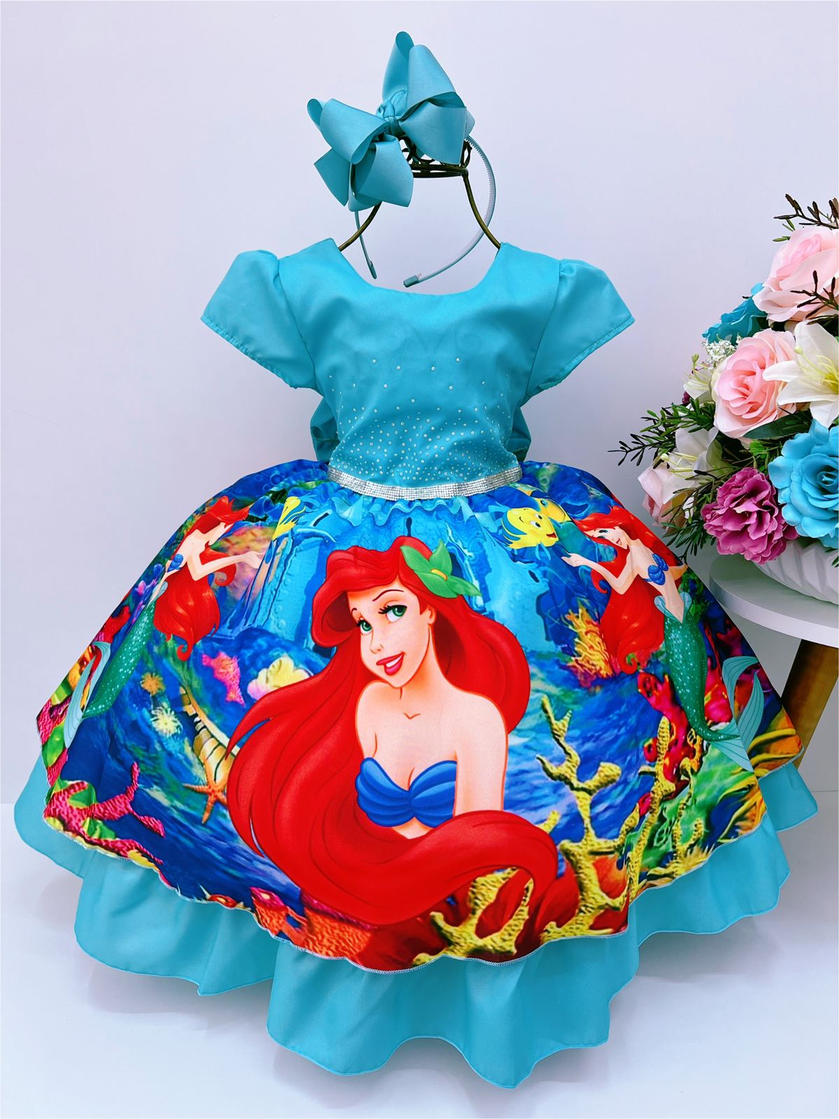 Vestido Infantil Princesa Sereia Ariel e Linguado Strass
