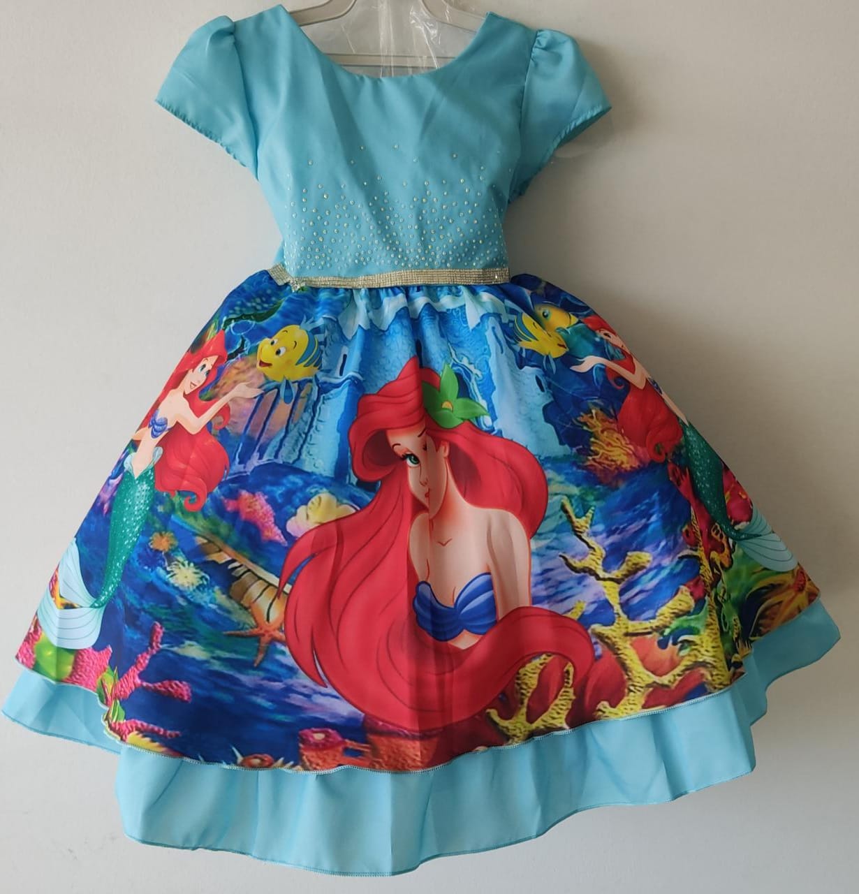 Vestido Infantil Princesa Sereia Ariel Verde Strass P Rolas Rosa Charmosa Atacado