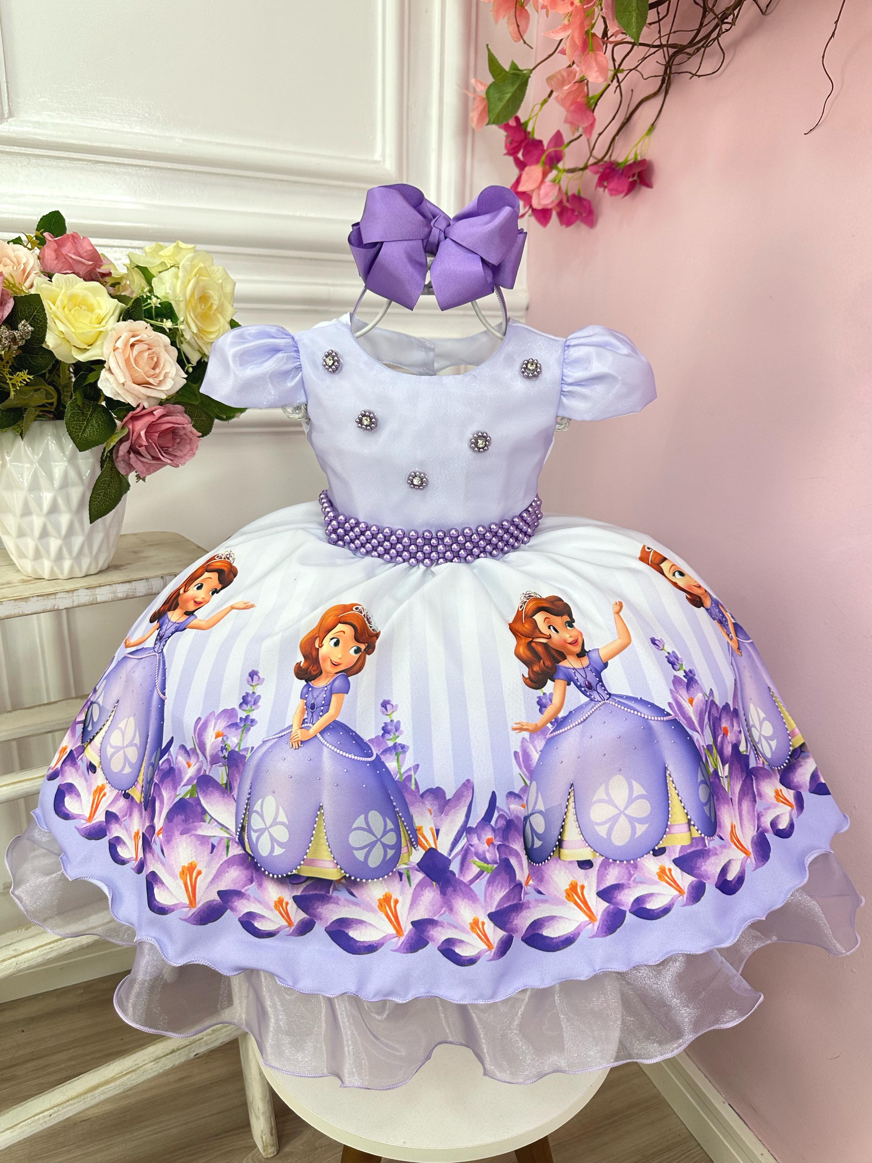 Vestido Infantil Princesa Sofia Lilás Aplique Pérolas Luxo