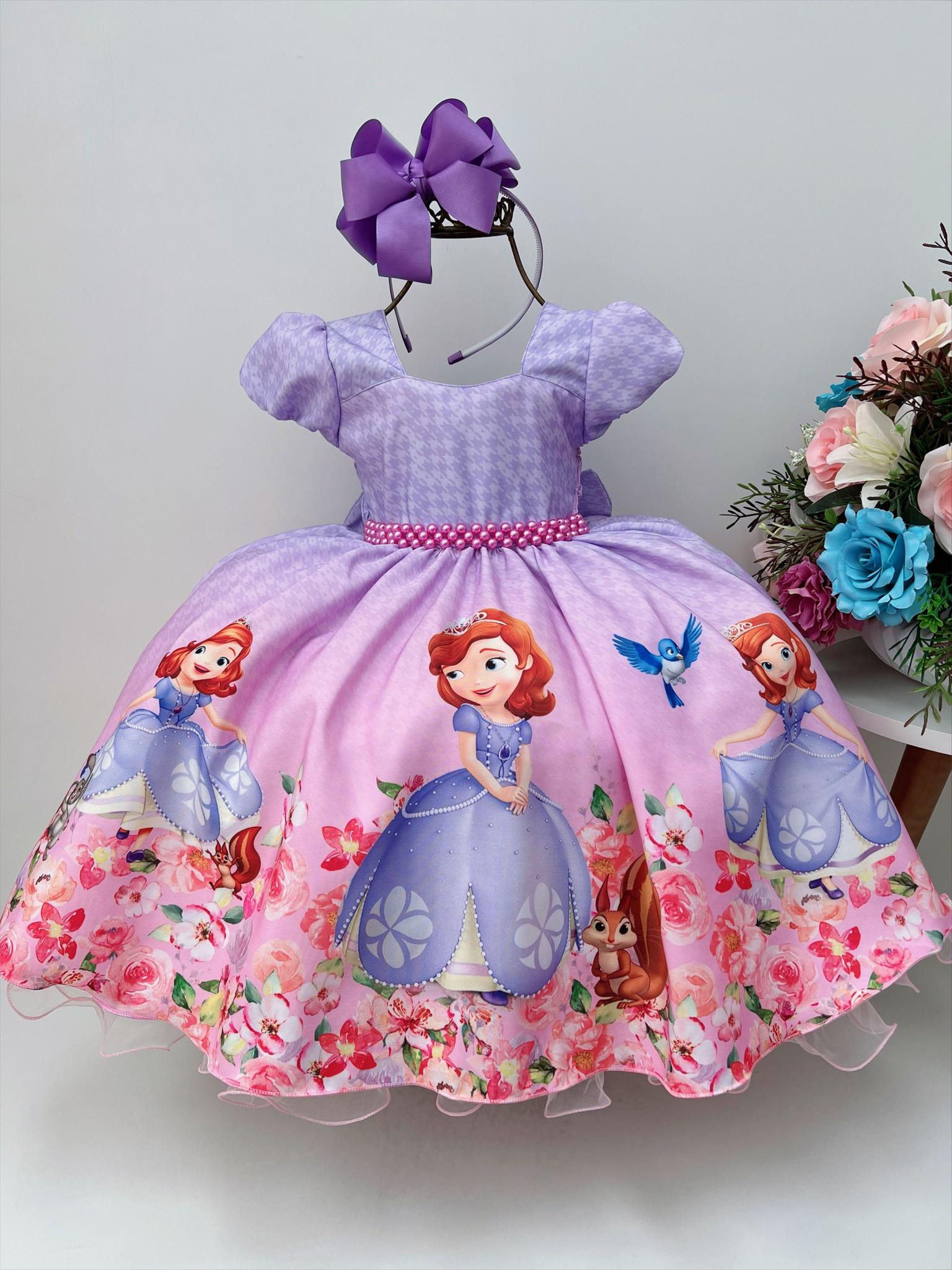 Vestido Infantil Princesa Sofia Lilás C/ Cinto de Pérolas - Rosa Charmosa  Atacado