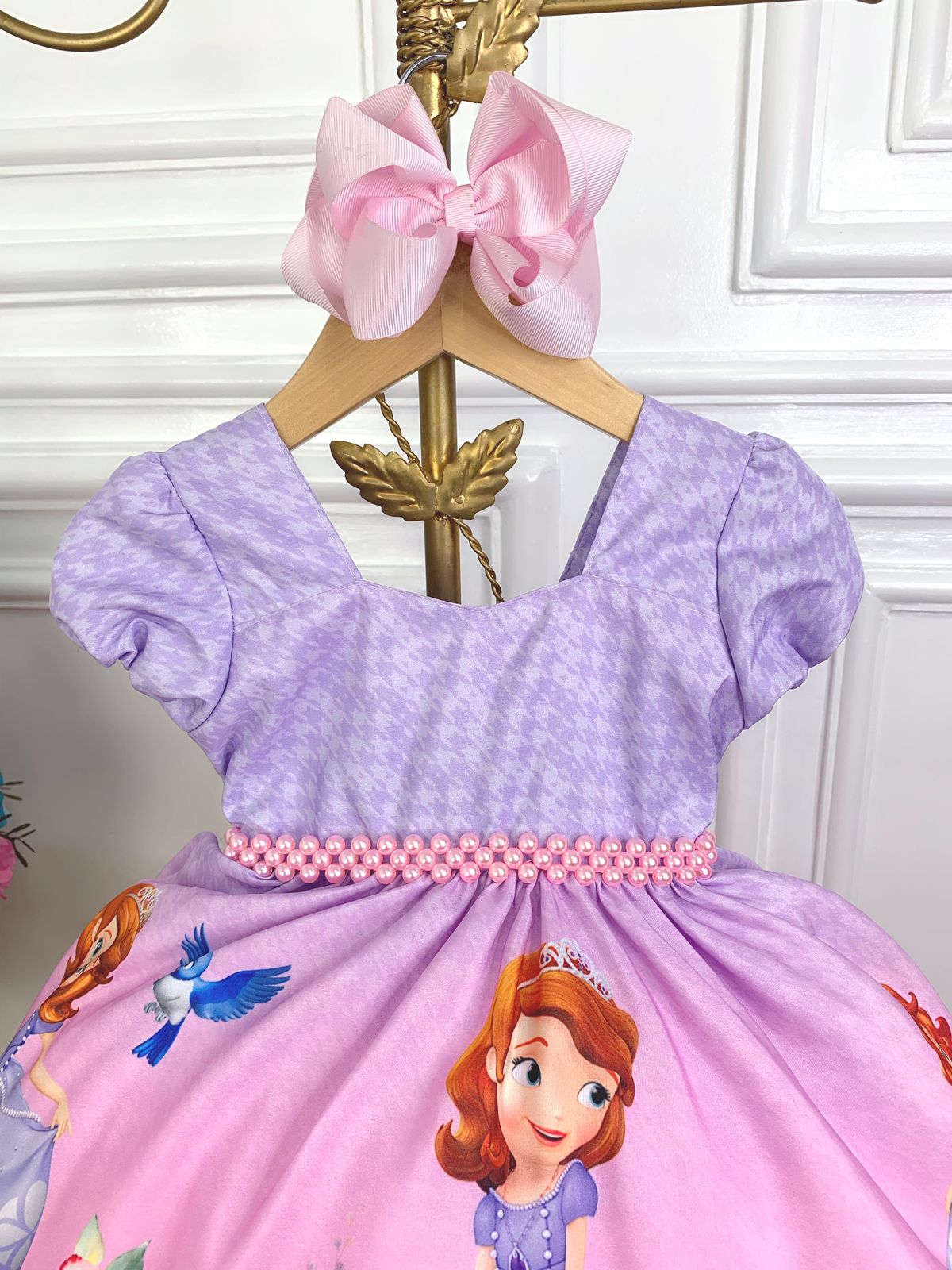 Vestido Infantil Princesa Sofia Com Tiara Coroa Lilás Luxo - Tio