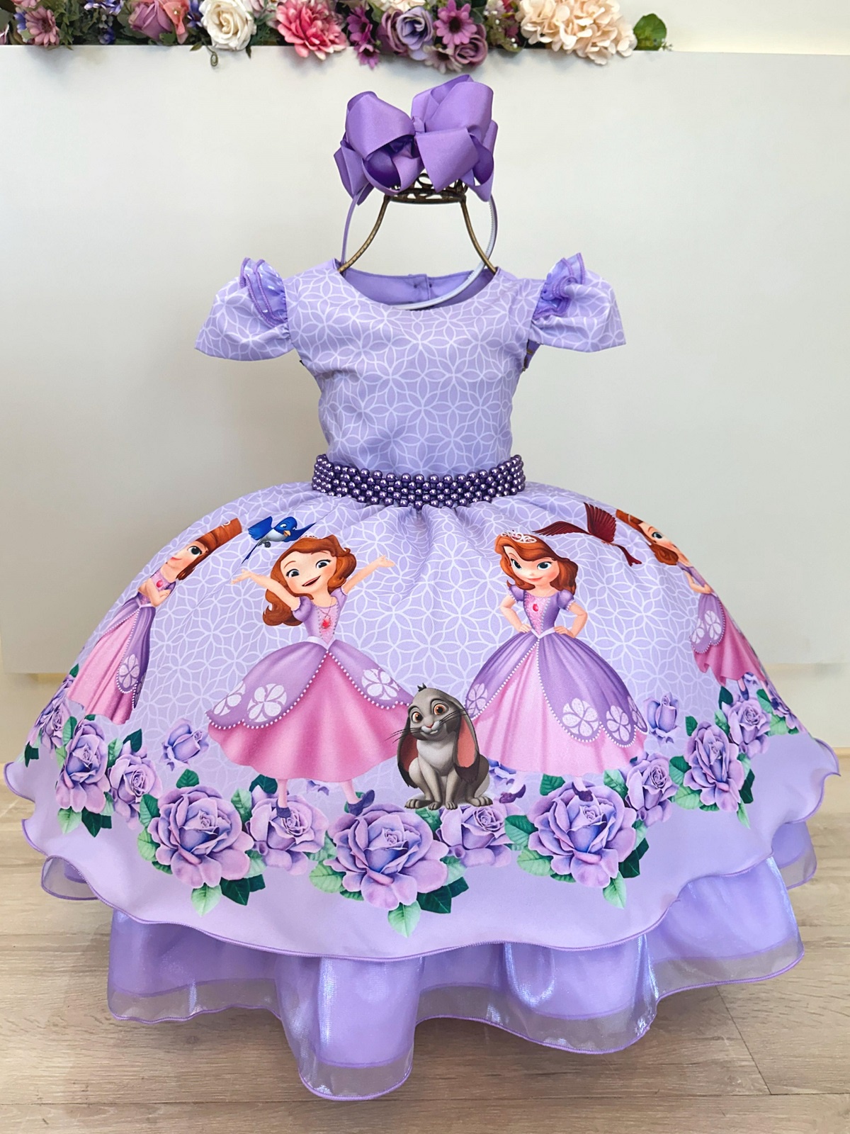 Vestido Infantil Princesa Sofia Lilás Festas C/ Pérolas
