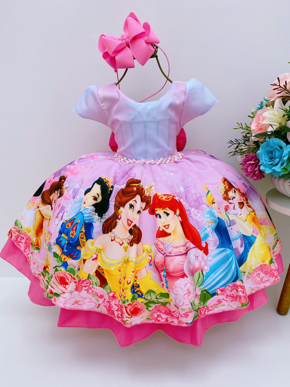 Vestido Infantil Princesas Colorido C/ Cinto de Pérolas Luxo