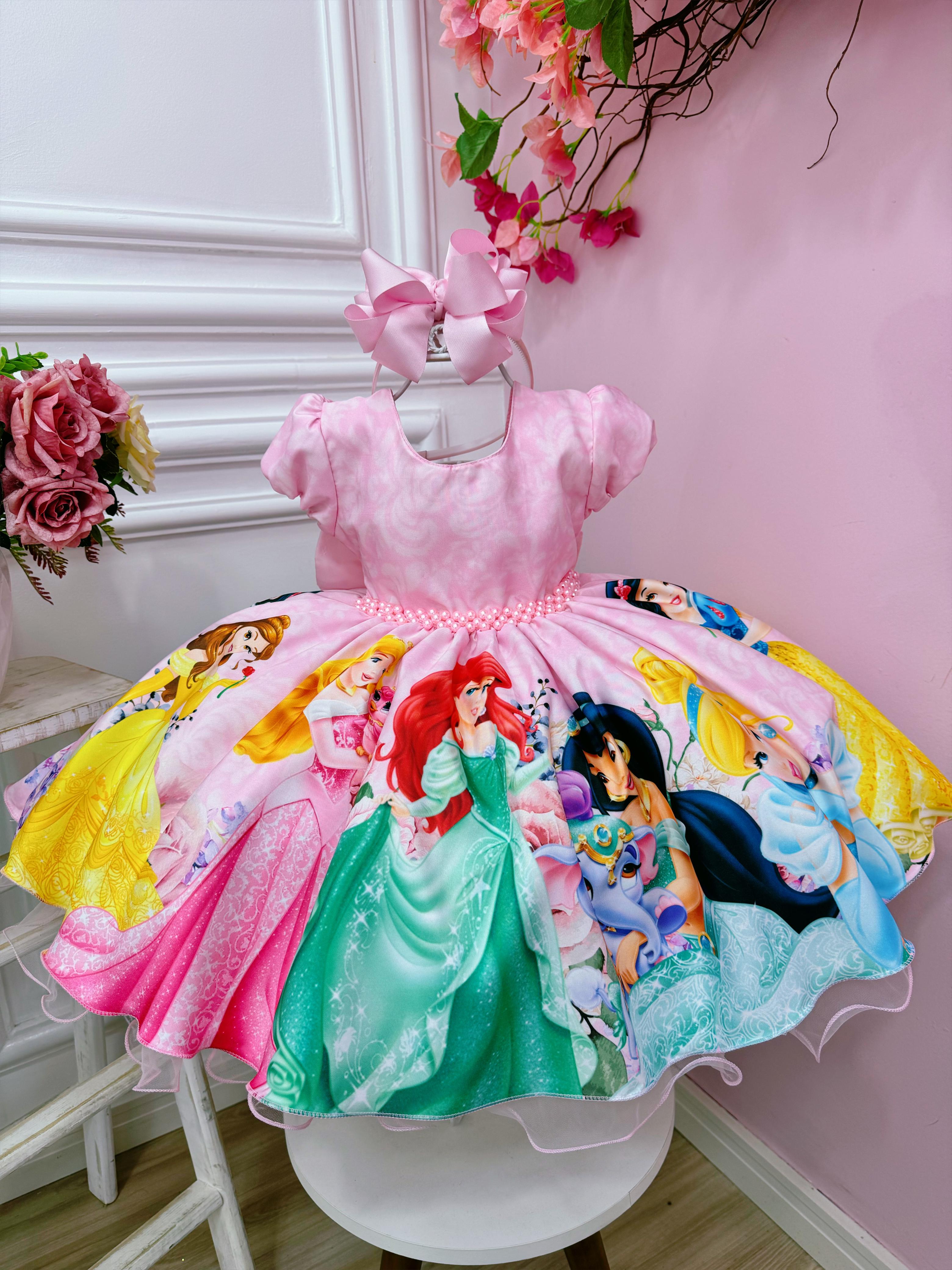 Vestido Infantil Princesas da Disney Florido Rosa Festas