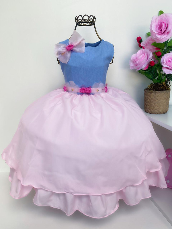 Vestido Infantil Princesas Luxo Azul e Rosa Festas