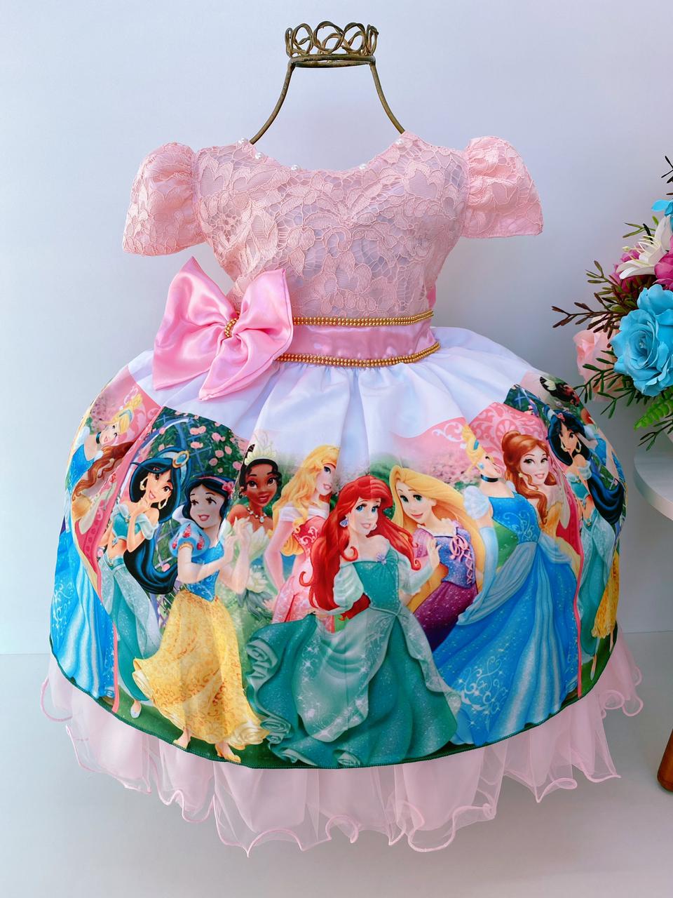 Vestido Infantil Princesas Renda Rosa Cinto Strass