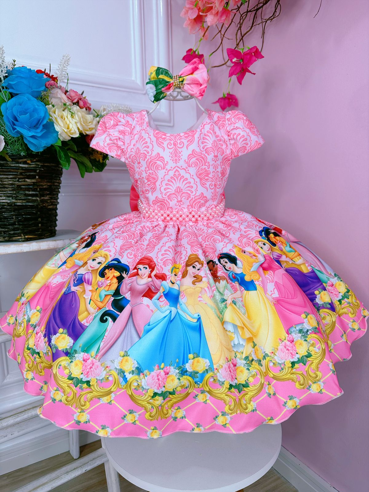 Vestido Infantil Princesas Rosa C/ Cinto de Pérolas e Laço