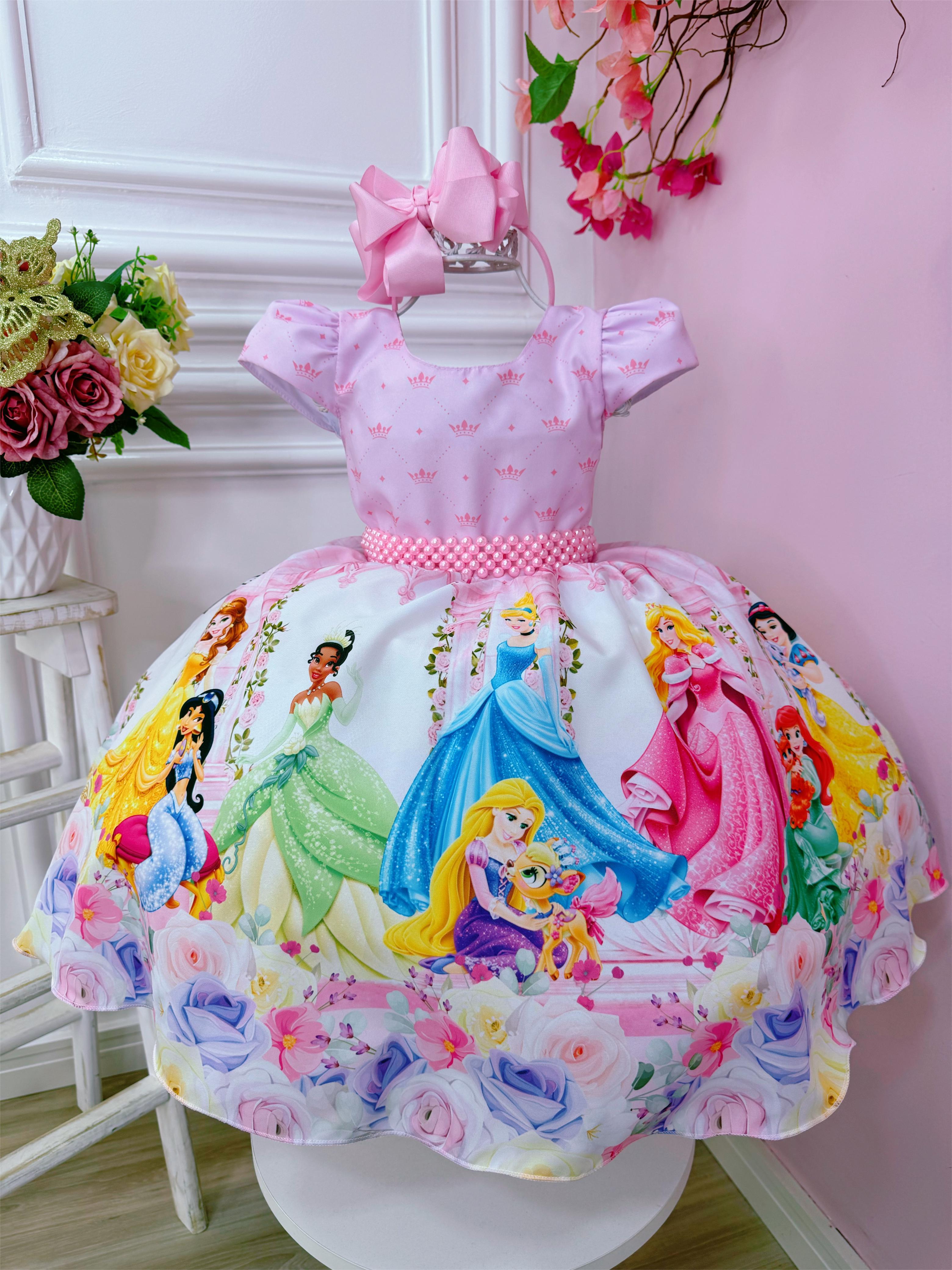 Vestido Infantil Princesas Rosa C/ Cinto de Pérolas Luxo