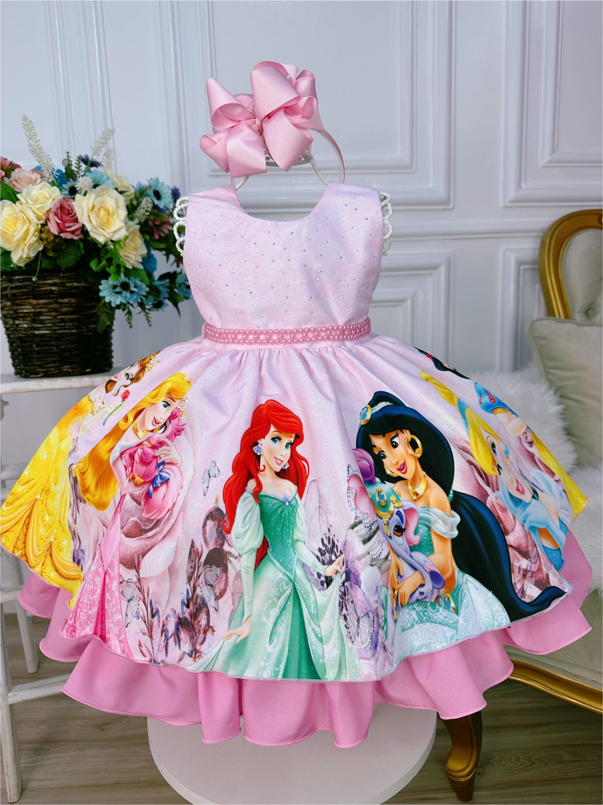 Vestido Infantil Princesas Rosa C/ Peito Strass Cinto Pérola