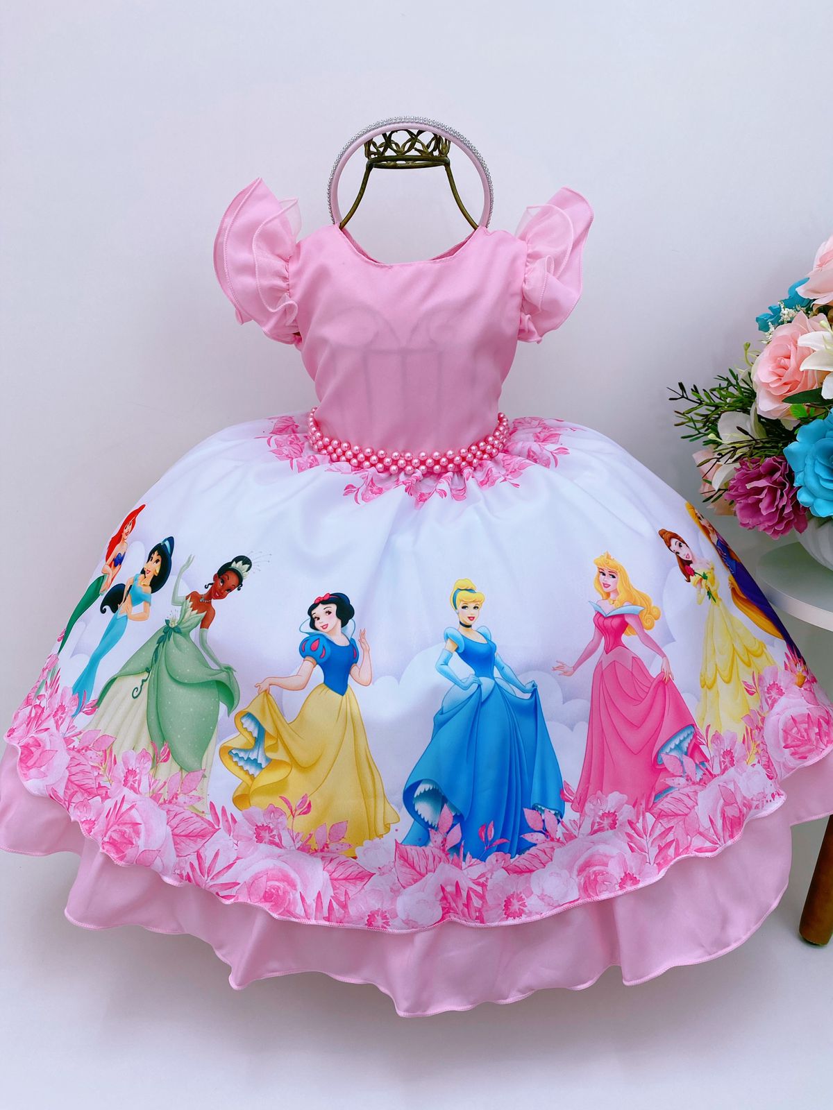 Vestido Infantil Princesas Rosa C/ Pérolas e Tiara Festas