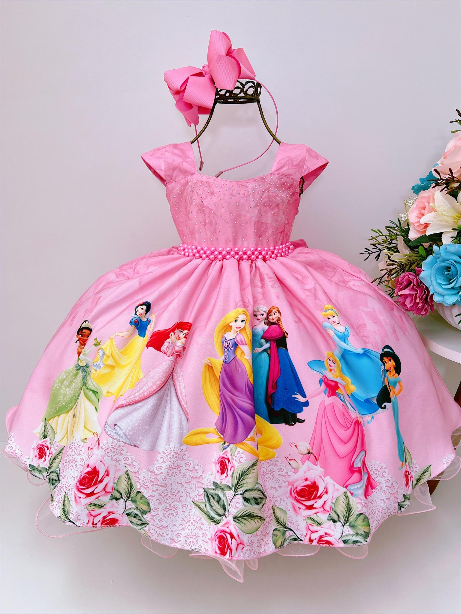 Vestido Infantil Princesas Rosa Cinto de Pérolas Luxo