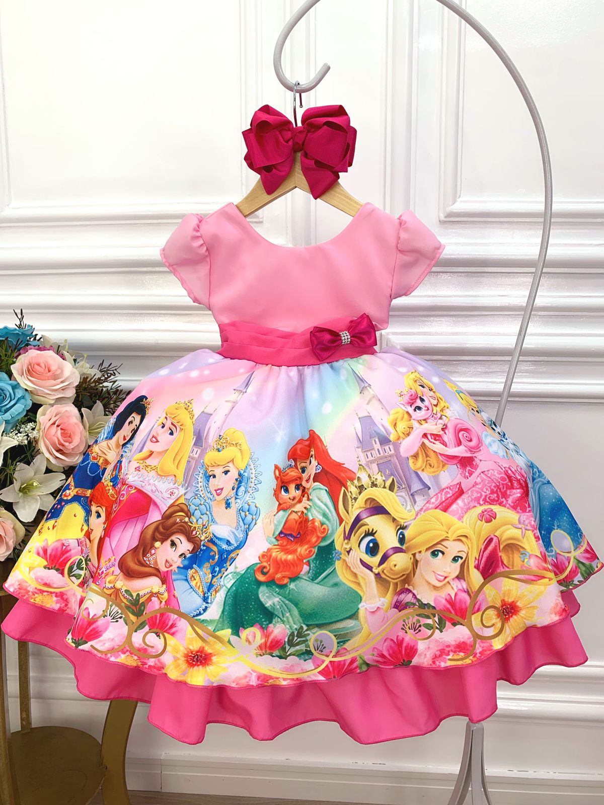 Vestido Infantil Princesas Rosa Com Cinto de Pérolas Luxo