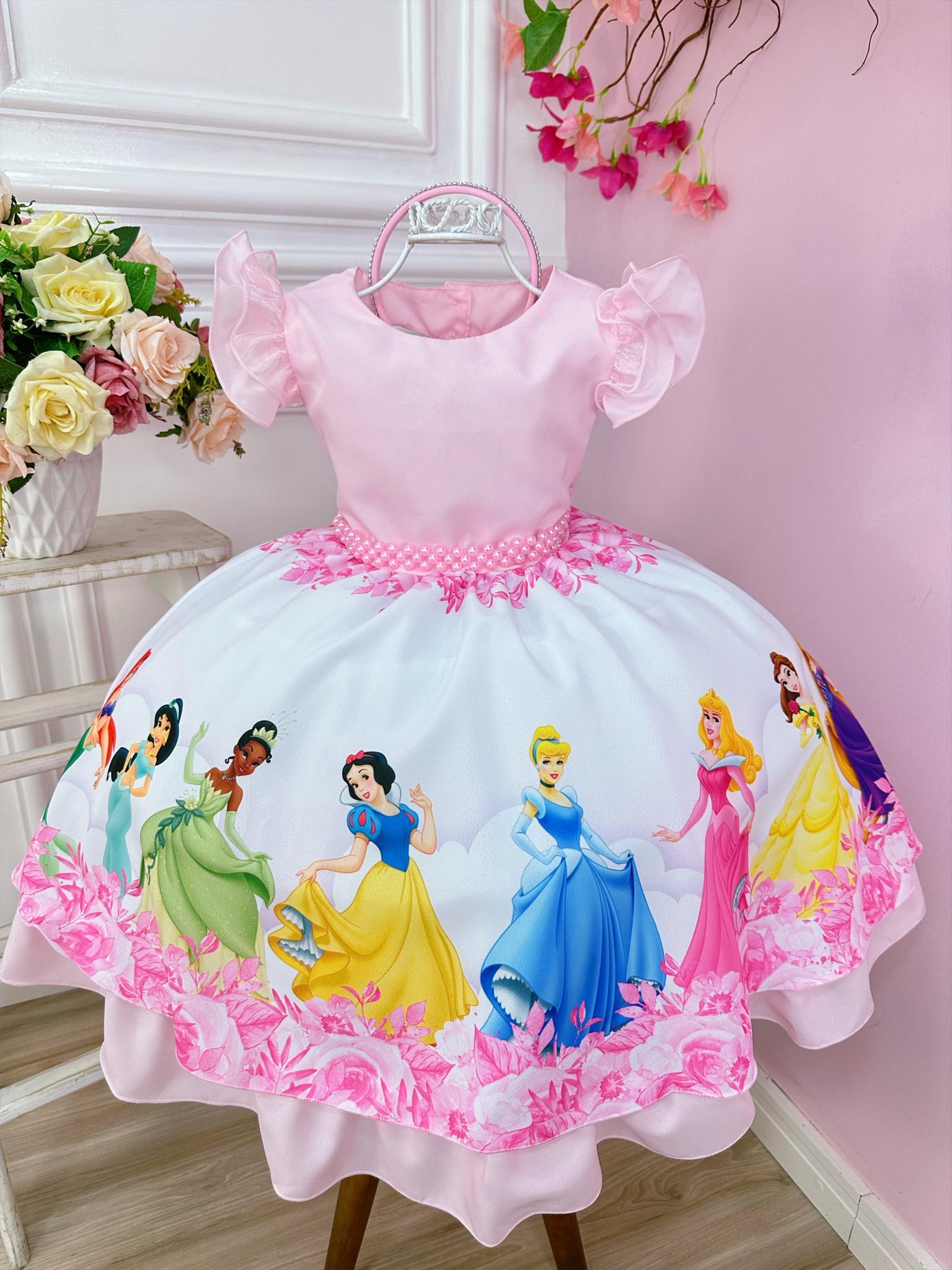 Vestido Infantil Princesas Rosa Luxo Festa Aniversário Tiara