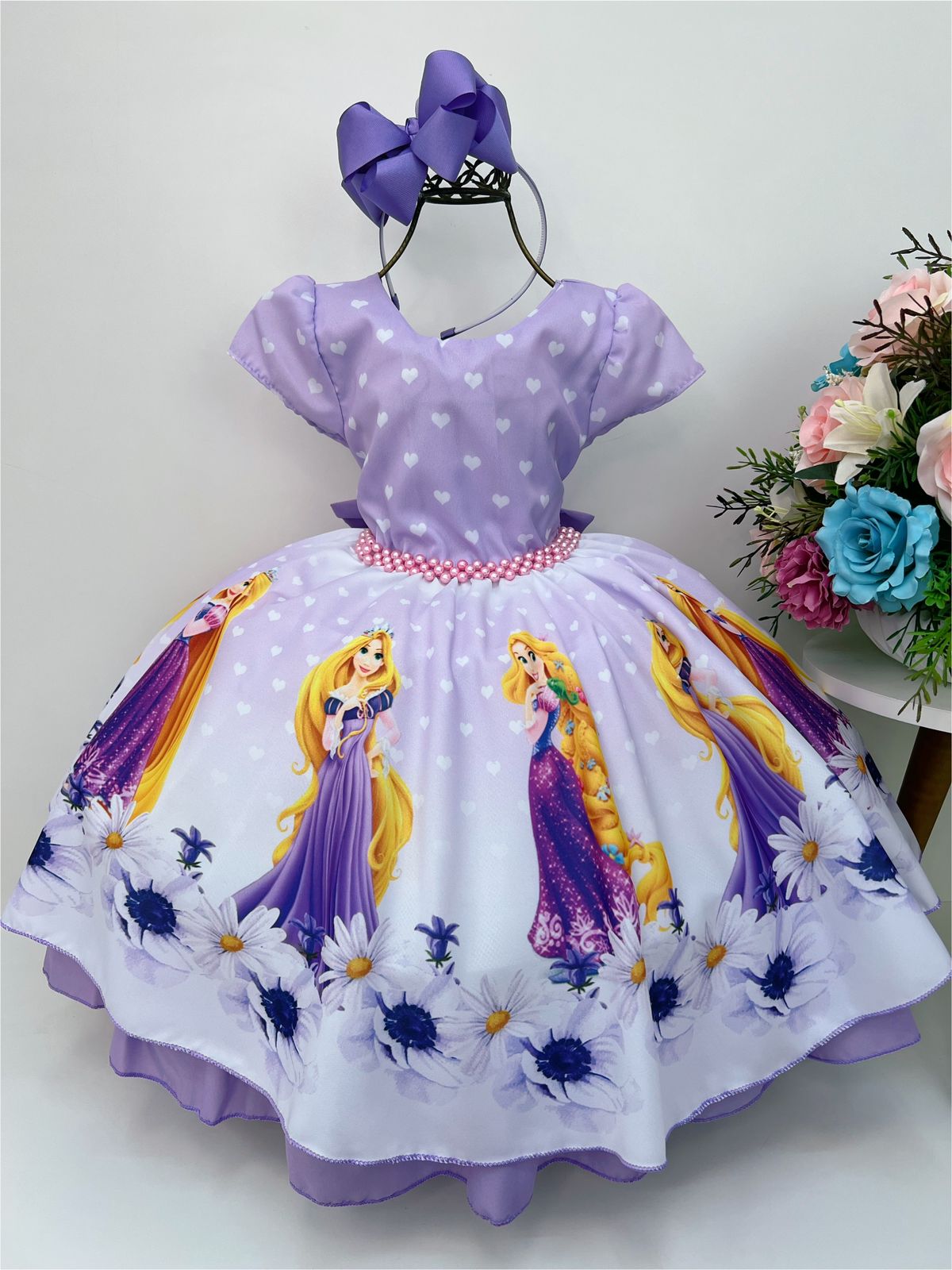 Vestido Infantil Rapunzel Lilás C/ Pérolas Festas Princesas