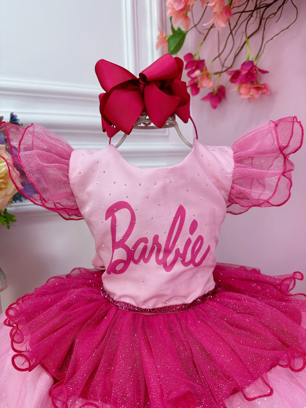 Vestido Infantil Rosa Barbie Peito Strass Glitter Luxo