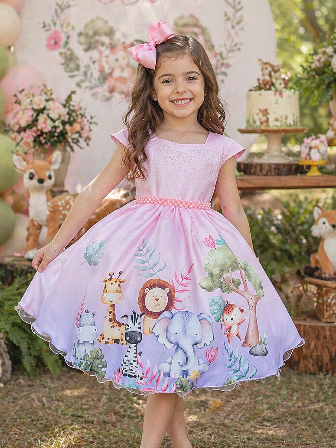 Vestido Infantil Rosa Bosque Safari Busto Strass C/ Pérolas
