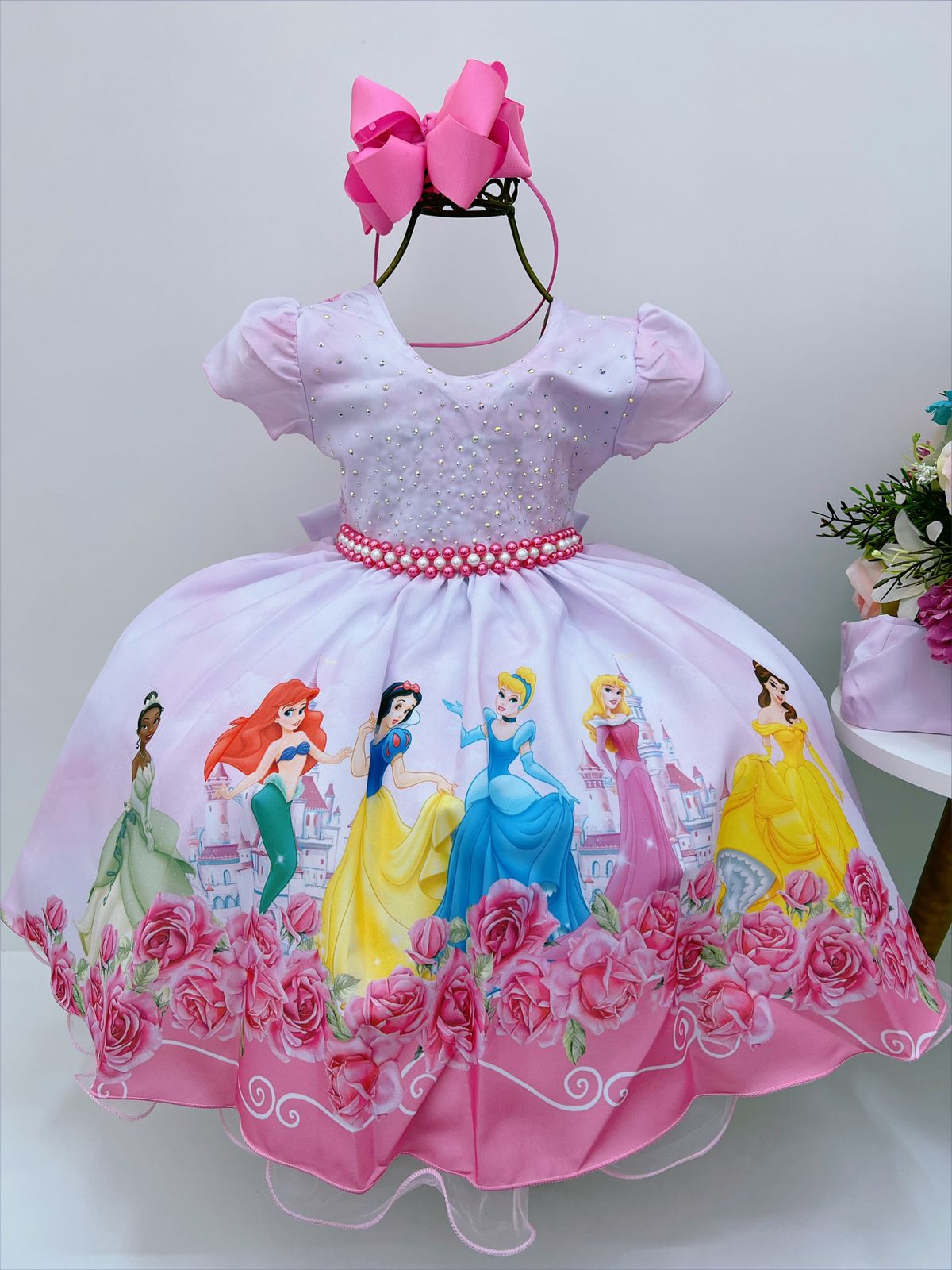 Vestido Infantil Rosa C/ Cinto Pérolas Luxo Princesas
