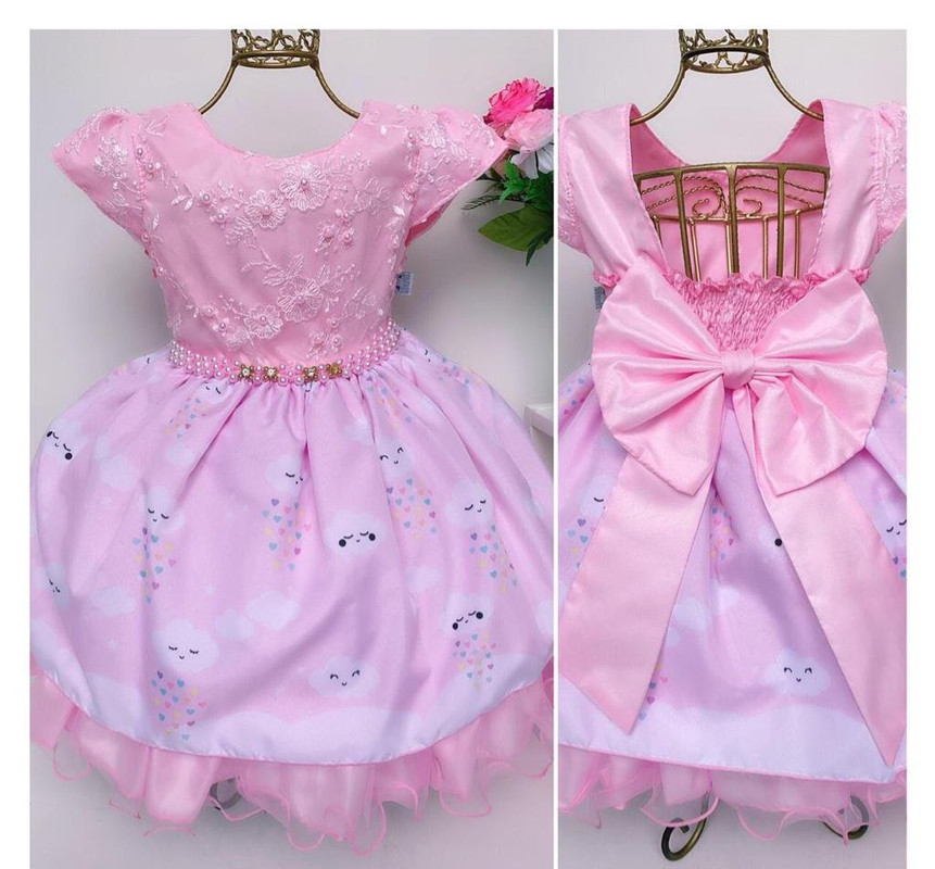 Vestido Infantil Rosa Chuva de Amor e Benção Renda Luxo