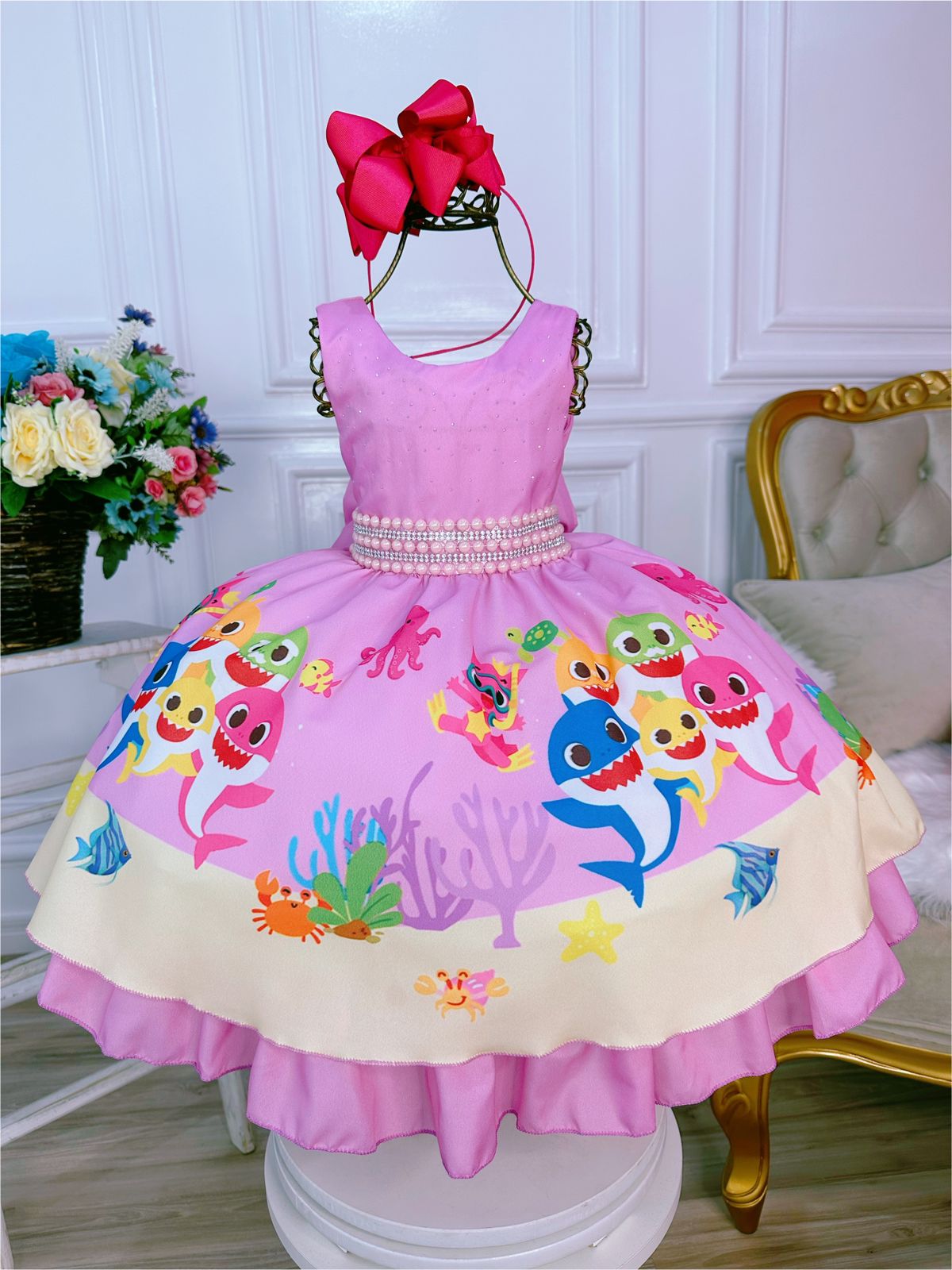 Vestido Infantil Rosa Cinto Pérolas e Strass Luxo