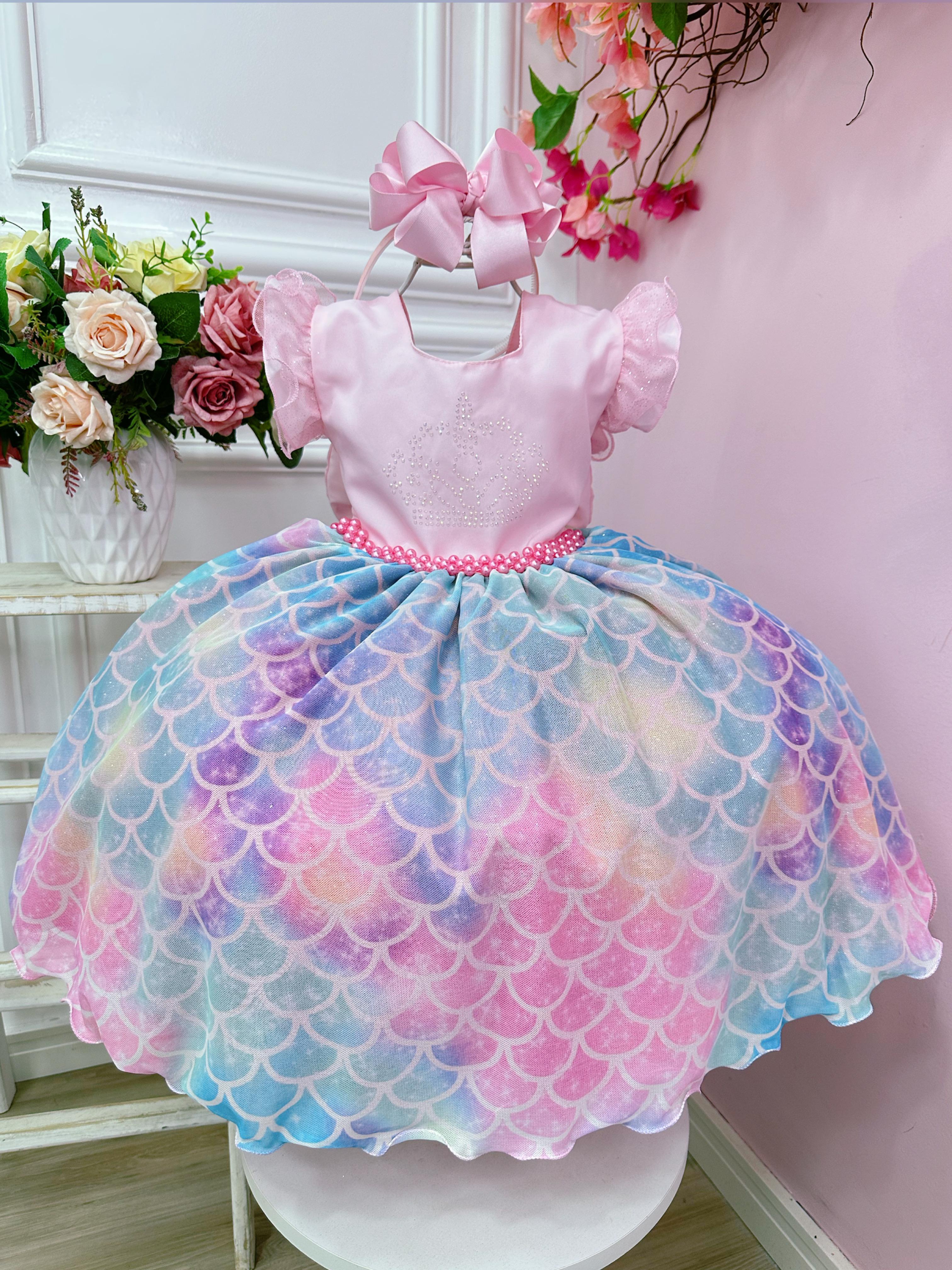 Vestido Infantil Rosa Colorido Escamas Sereia Tay Day Festas