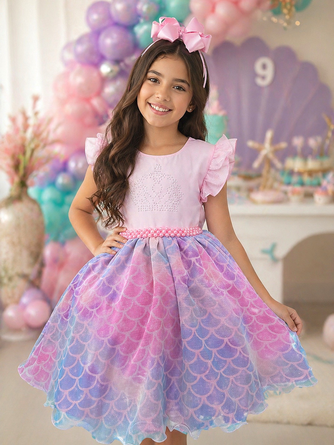 Vestido Infantil Rosa Colorido Escamas Sereia Luxo Festas