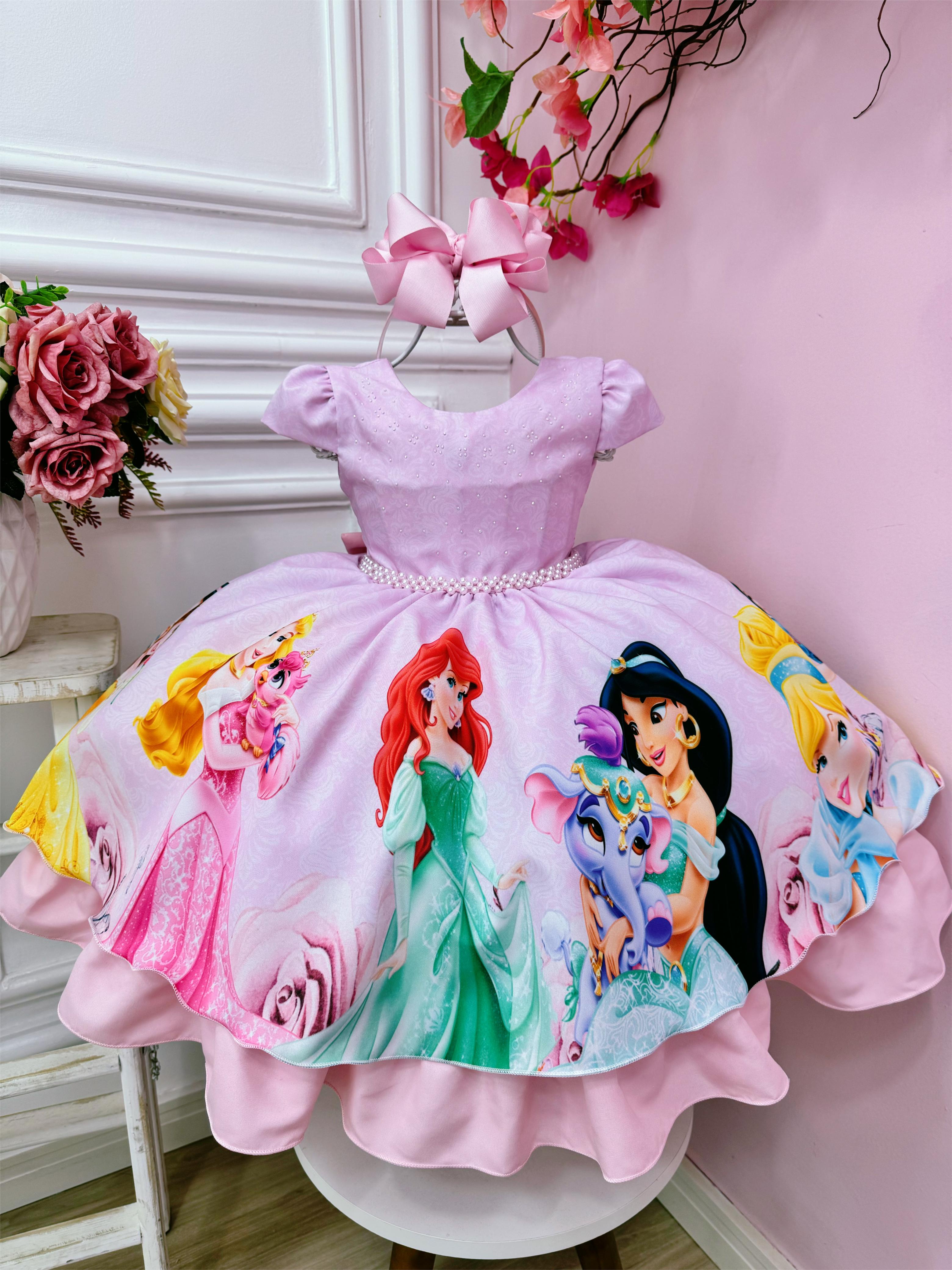 Vestido Infantil Rosa das Princesas Busto C/ Strass Luxo