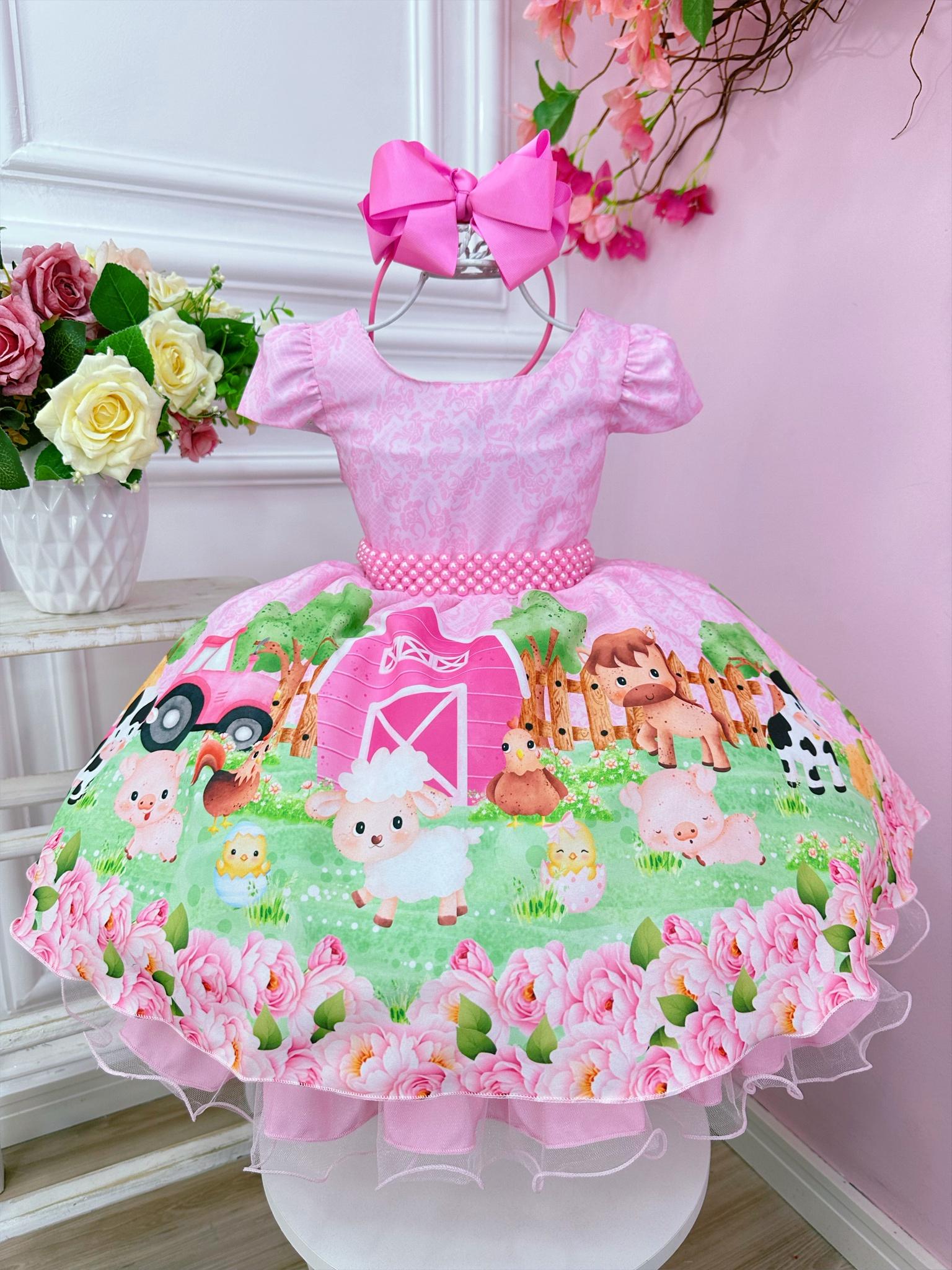 Vestido Infantil Rosa Fazendinha Bichos C/ Cinto Pérolas