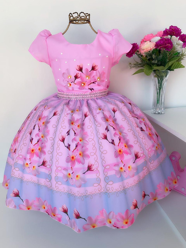 Vestido Infantil Rosa Floral Pérolas Cinto Luxo Aniversário
