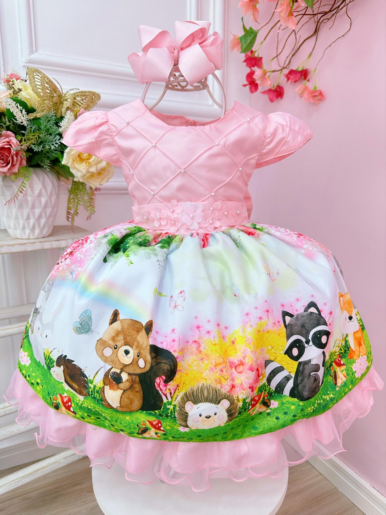 Vestido Infantil Rosa Jardim Encantado Bosque Apliques