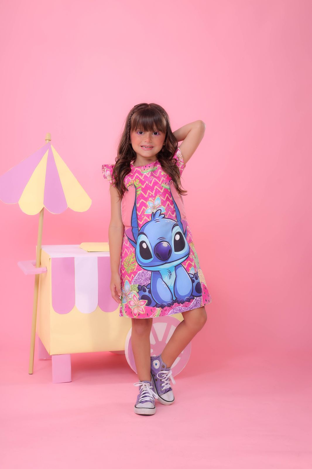 Vestido Infantil Rosa Lilo e Stitch Luxo Festas