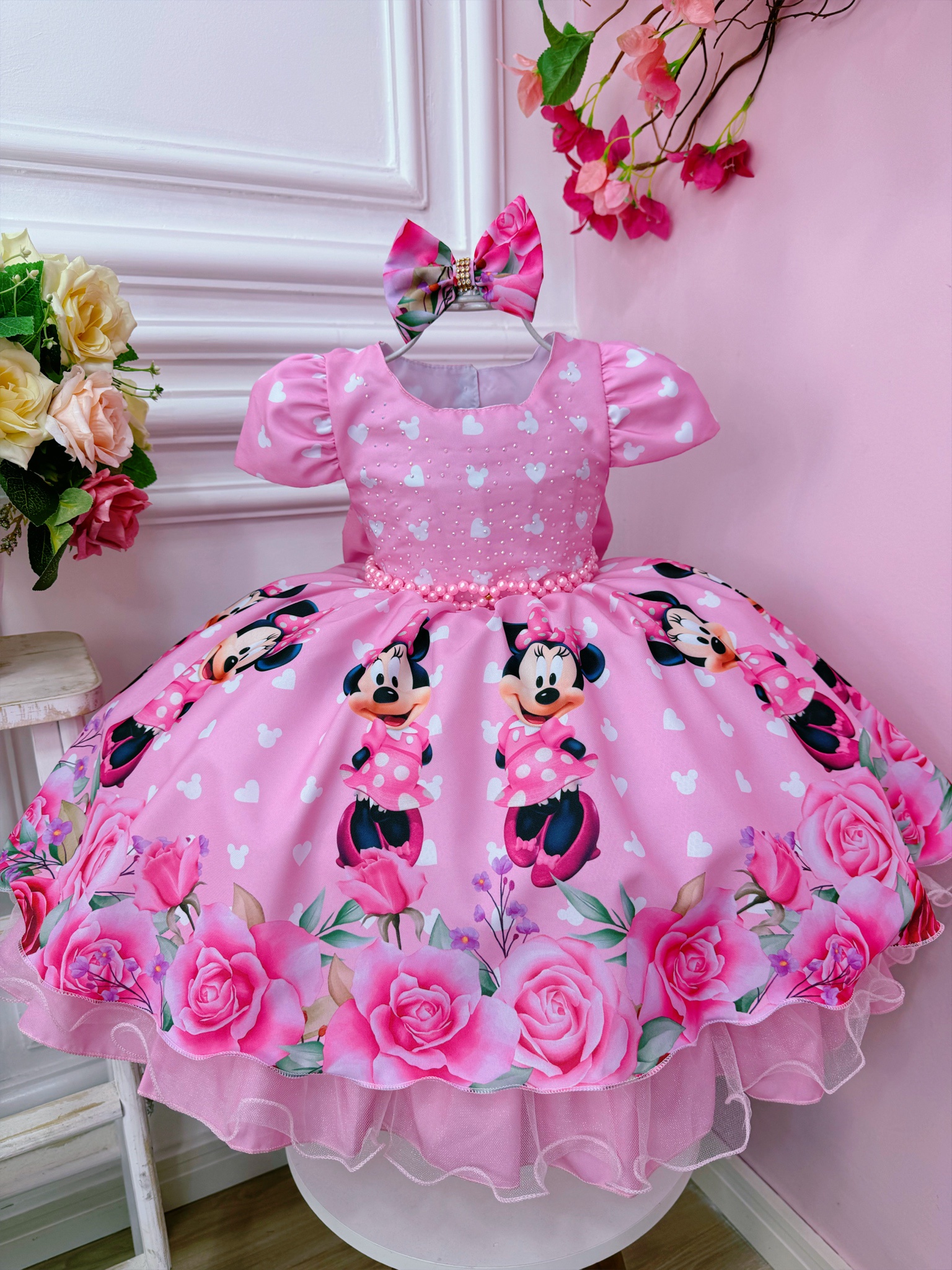 Vestido Infantil Rosa Minnie C/ Laço e Busto Strass Luxo