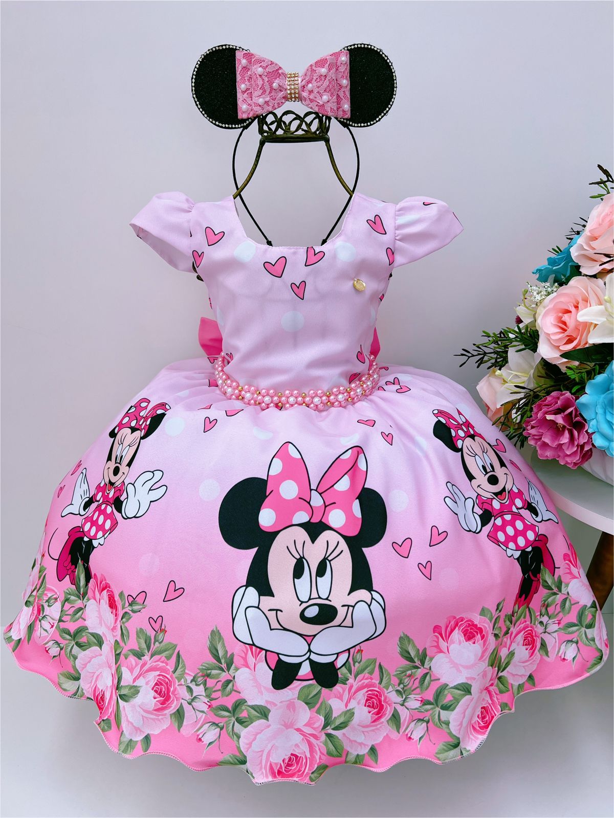 Vestido Infantil Rosa C/ Laço Pérolas Luxo