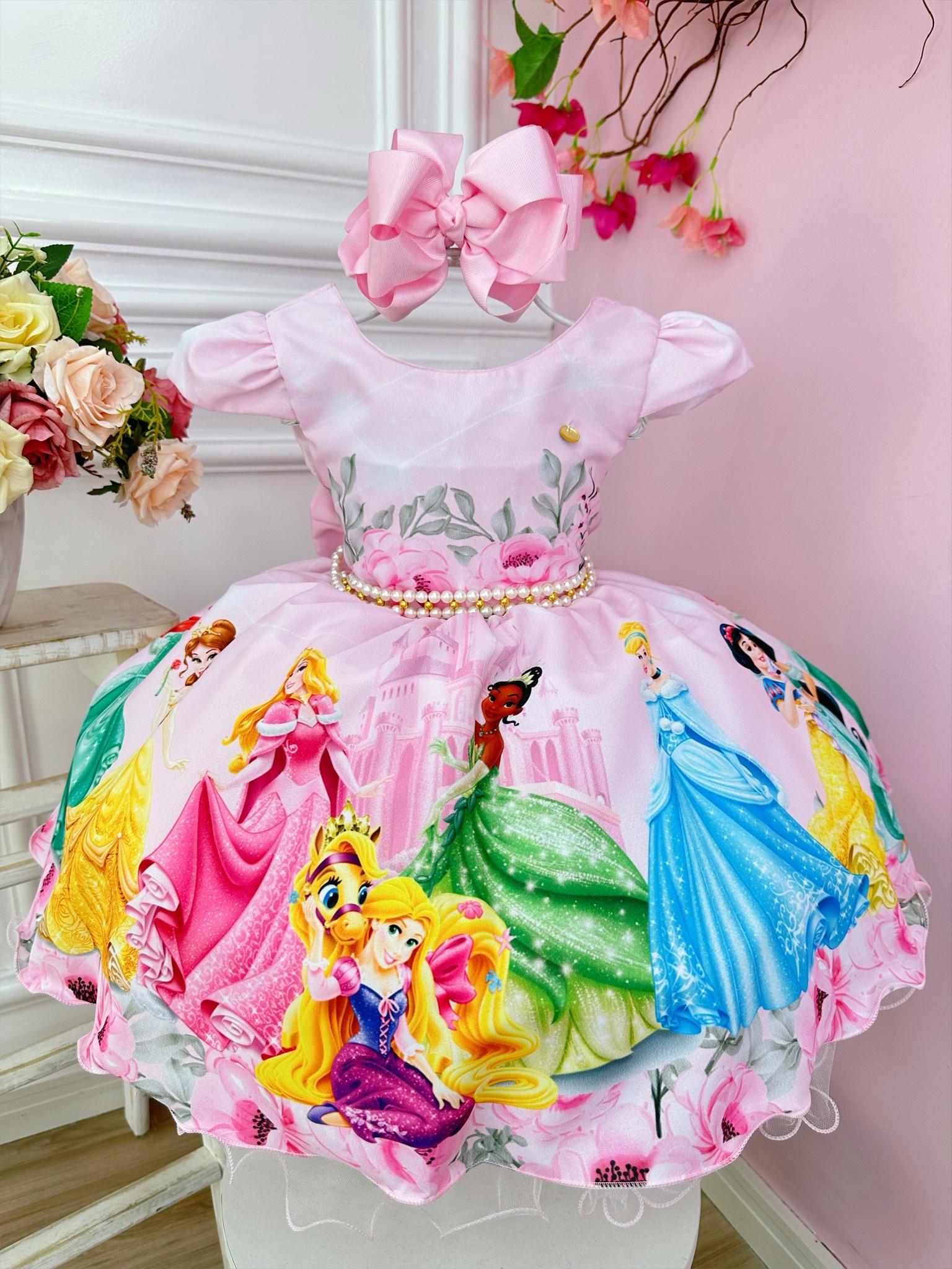 Vestido Infantil Rosa Pérolas Princesas Floral Castelo Luxo