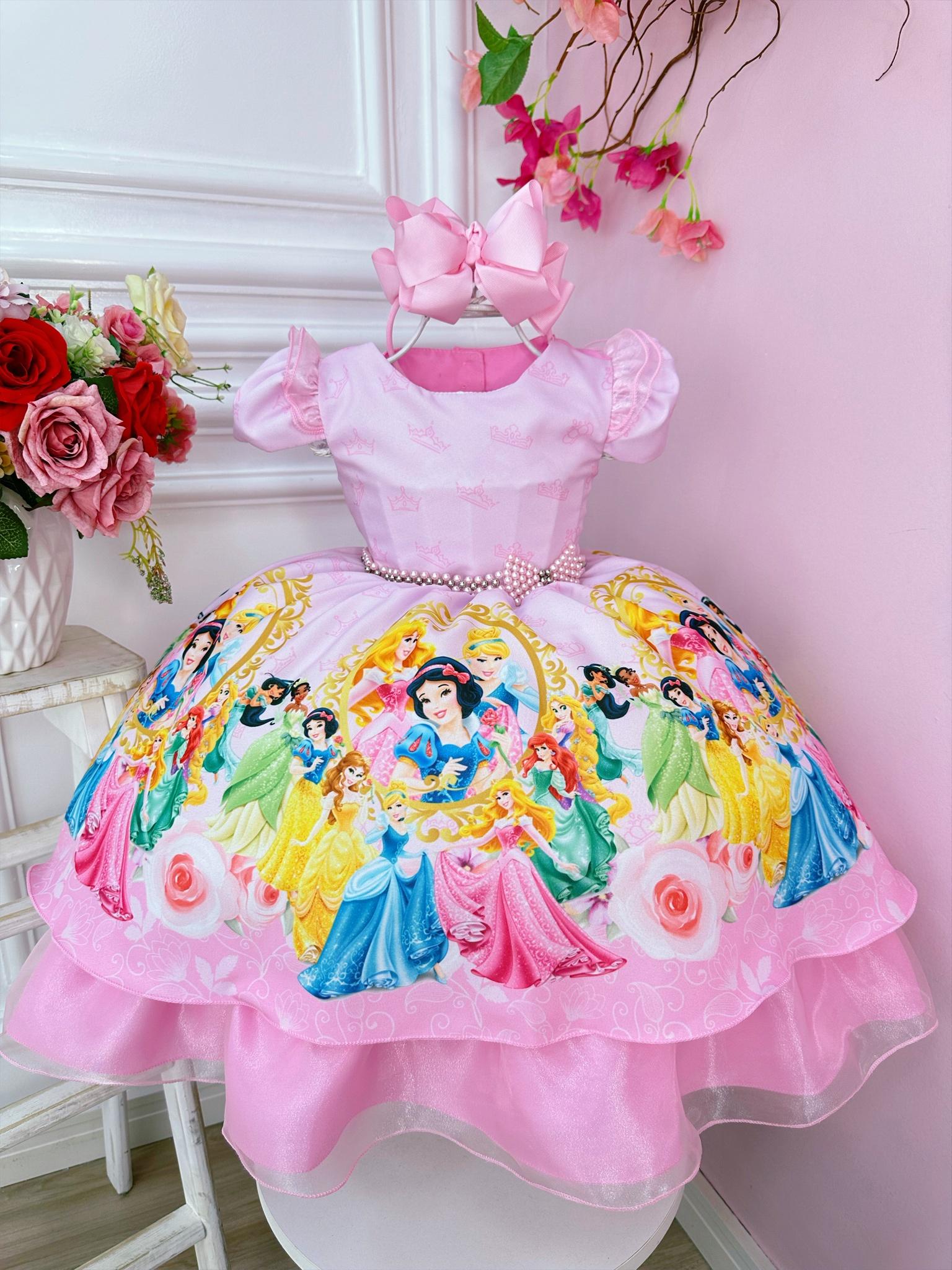 Vestido Infantil Rosa Princesas da Disney C/ Cinto Pérolas