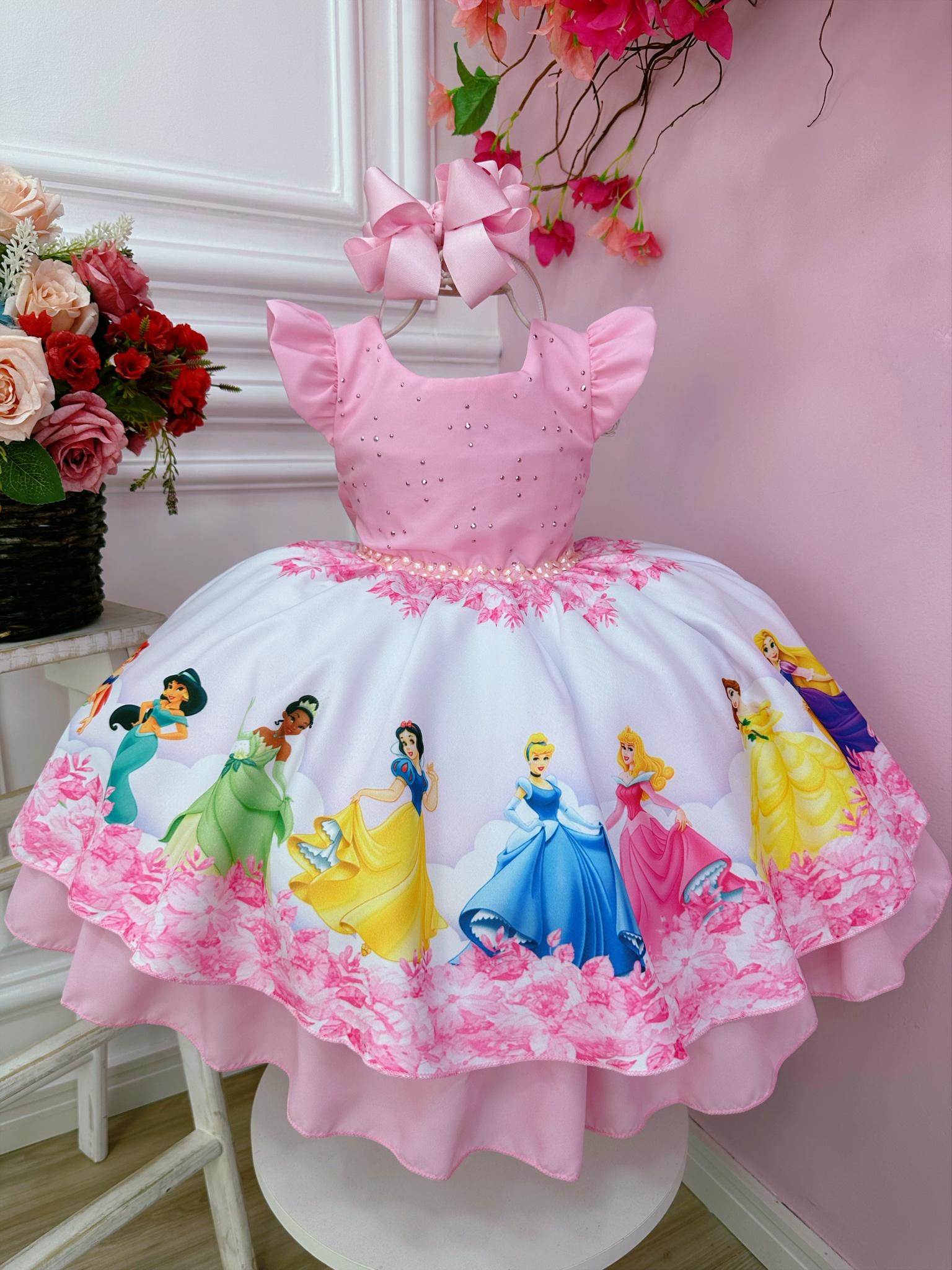 Vestido Infantil Rosa Princesas da Disney Cinto de Pérolas