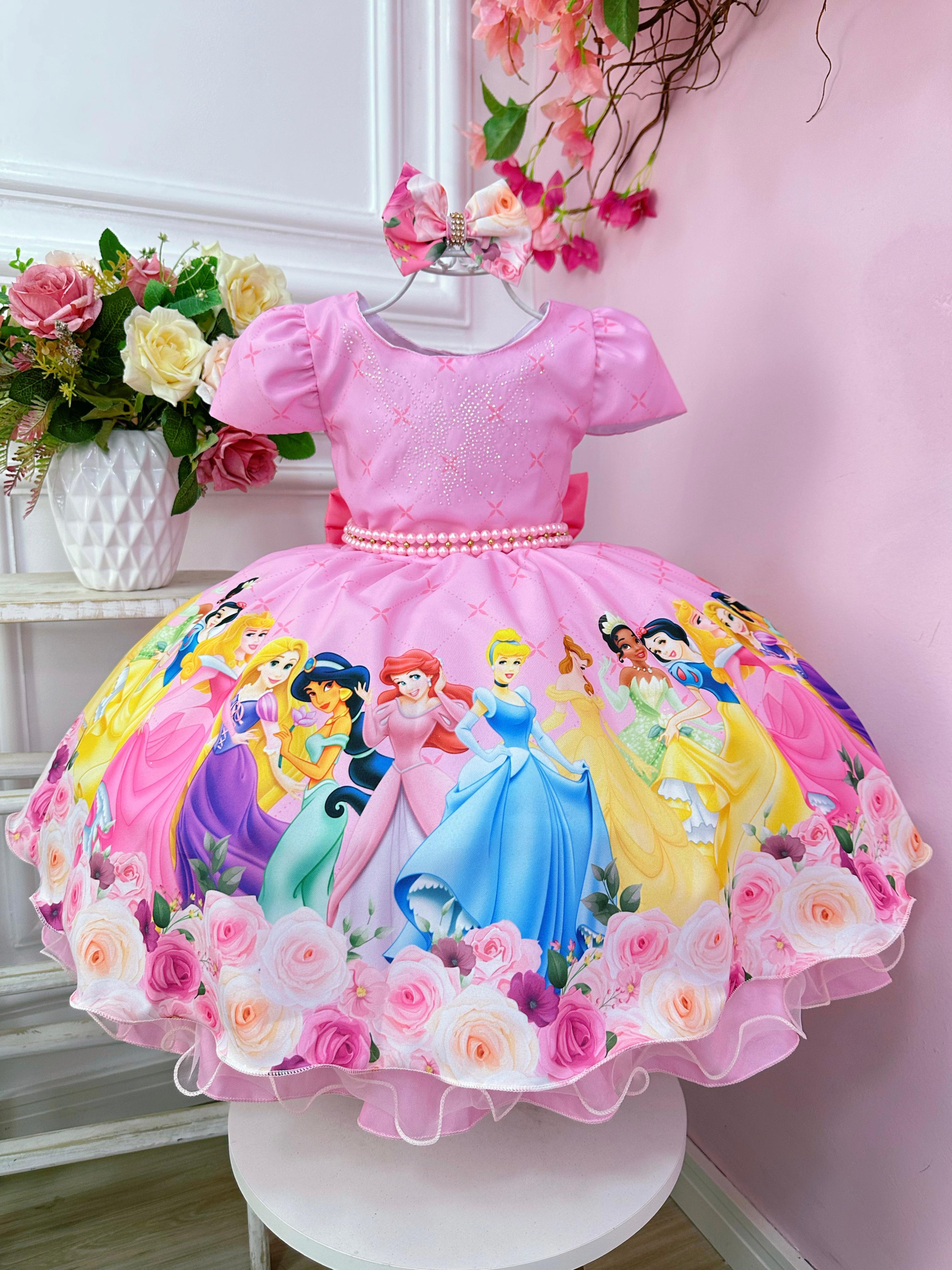 Vestido Infantil Rosa Princesas Disney Com Pérolas e Laço