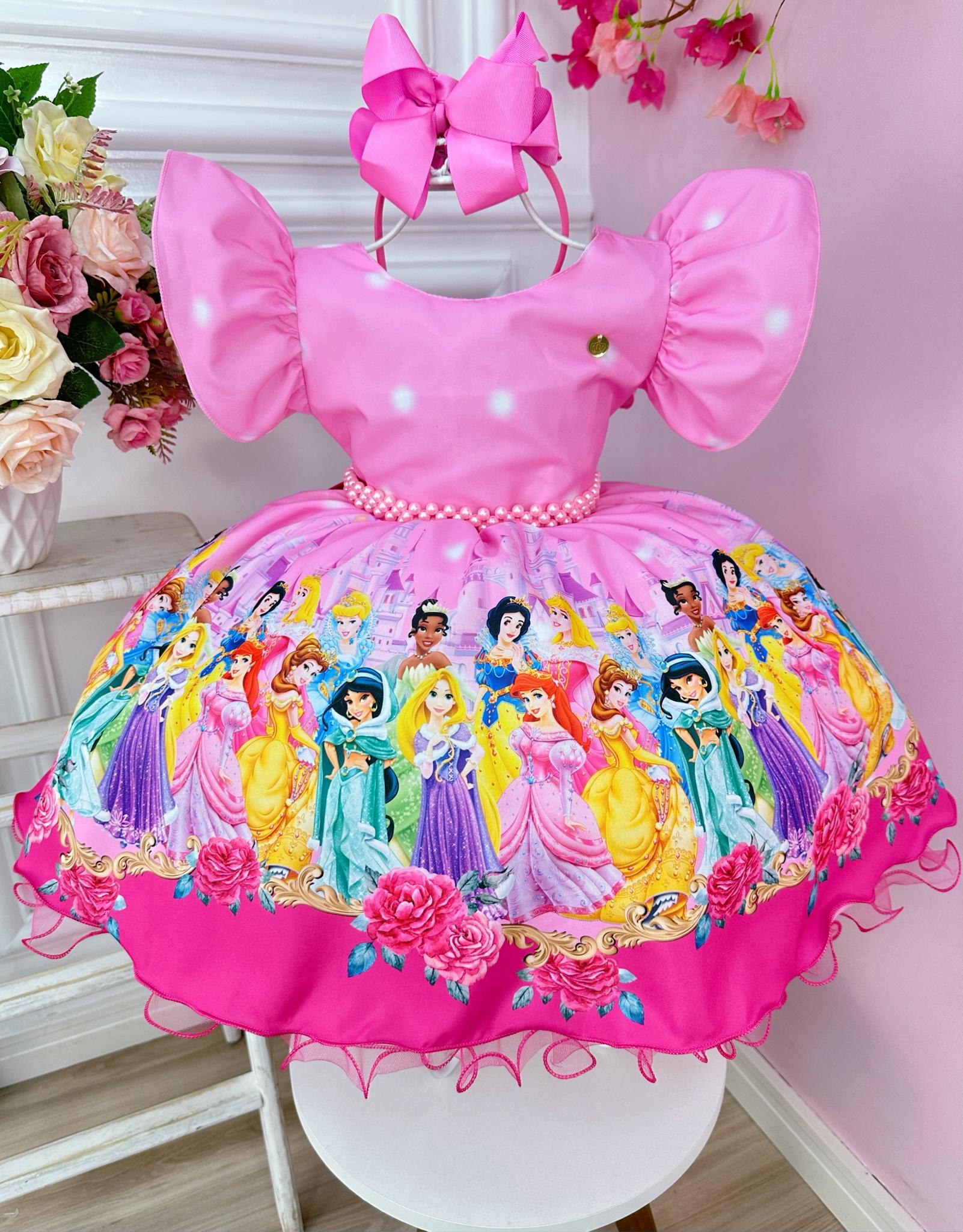 Vestido Infantil Rosa Princesas Festas C/ Pérolas