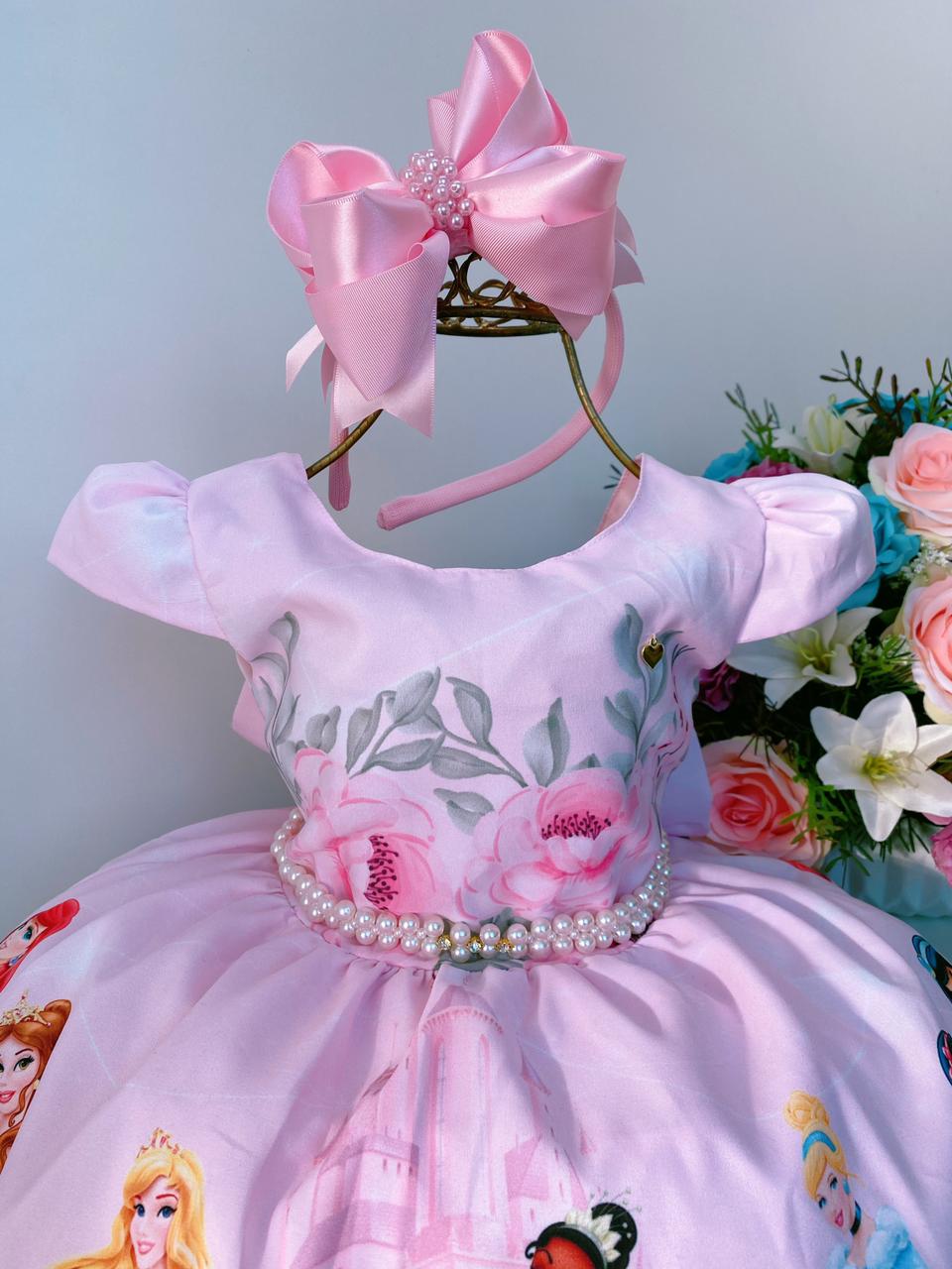 Vestido Infantil Princesas da Disney Rosa Bebê Floral Luxo - Rosa Charmosa  Atacado